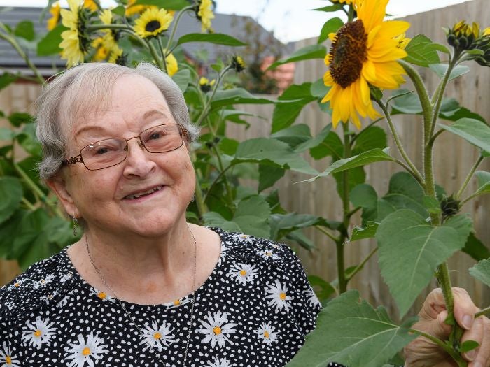 Heather stands next to beautiful yellow sunflowers she has planted in her garden