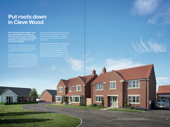 Example of pages 4 and 5 of the Cleve Wood brochure, titled "Put roots down in Cleve Wood"
