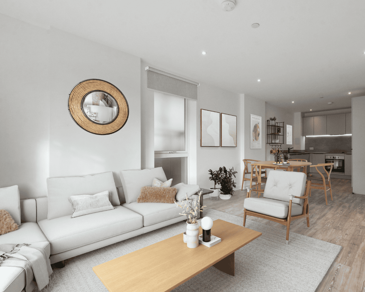 Interior CGI of an open-plan kitchen/dining/living area at Post House.