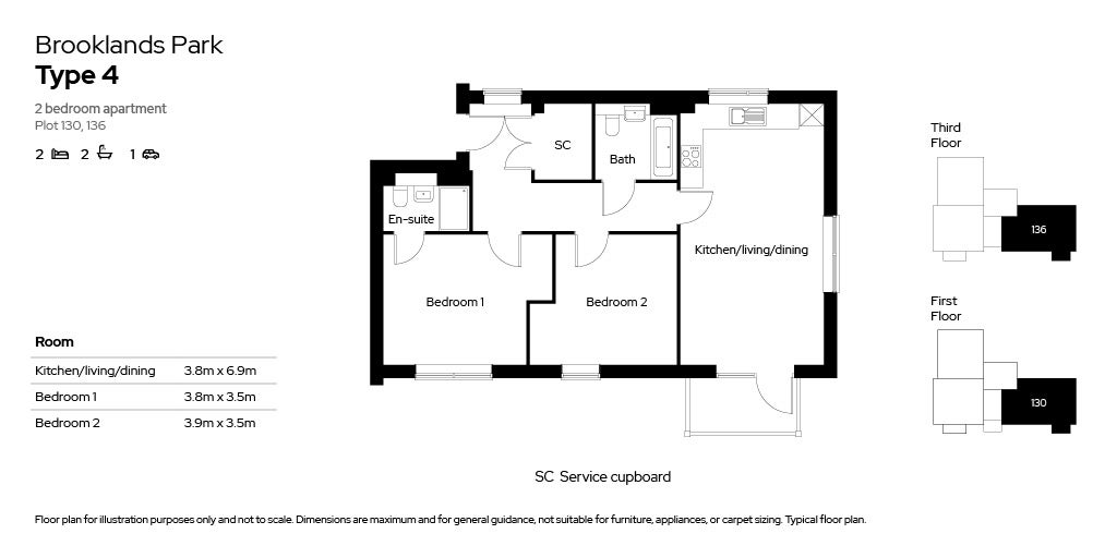 Brooklands Park 2 bed apartments floor plan - plots 130 & 136