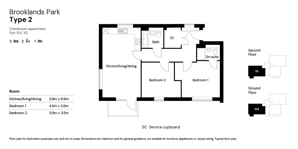 Brooklands Park 2 bed apartments floor plan - plots 104 & 110