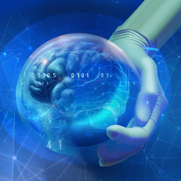Het logo van New Scientist Live! Hersenziekten: een hand houdt een blauwe bol met daarin hersenen vast.