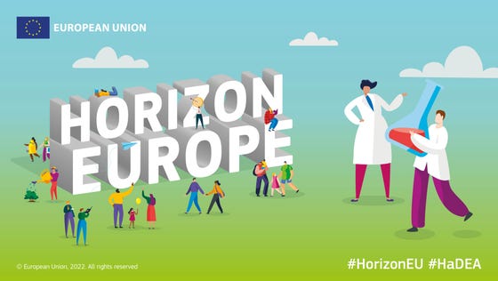 Animatie van Horizon Europe, met mensfiguren in witte labjassen.