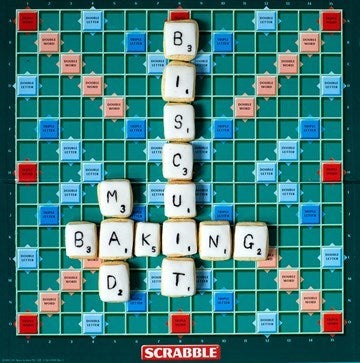 Scrabble board with homemade biscuits