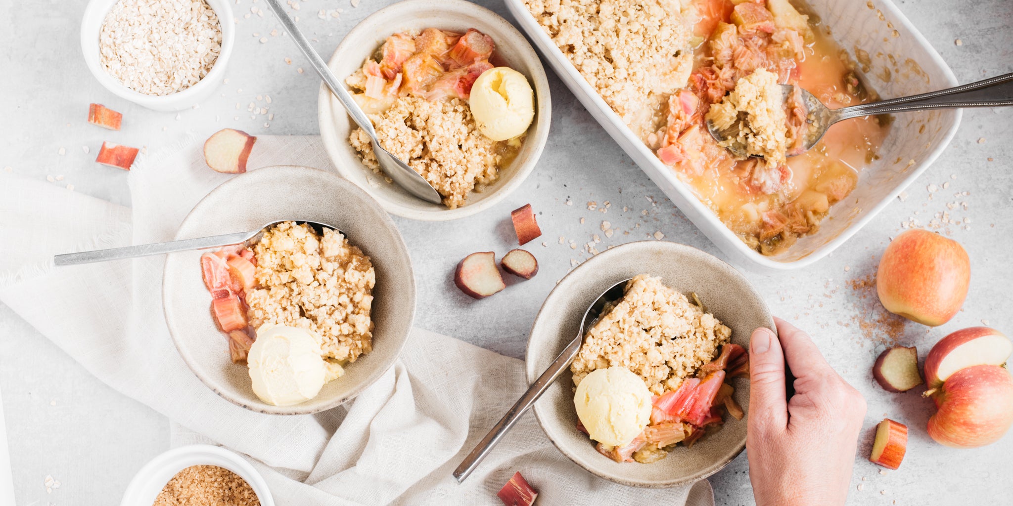 Crumble served up with leftovers in baking dish