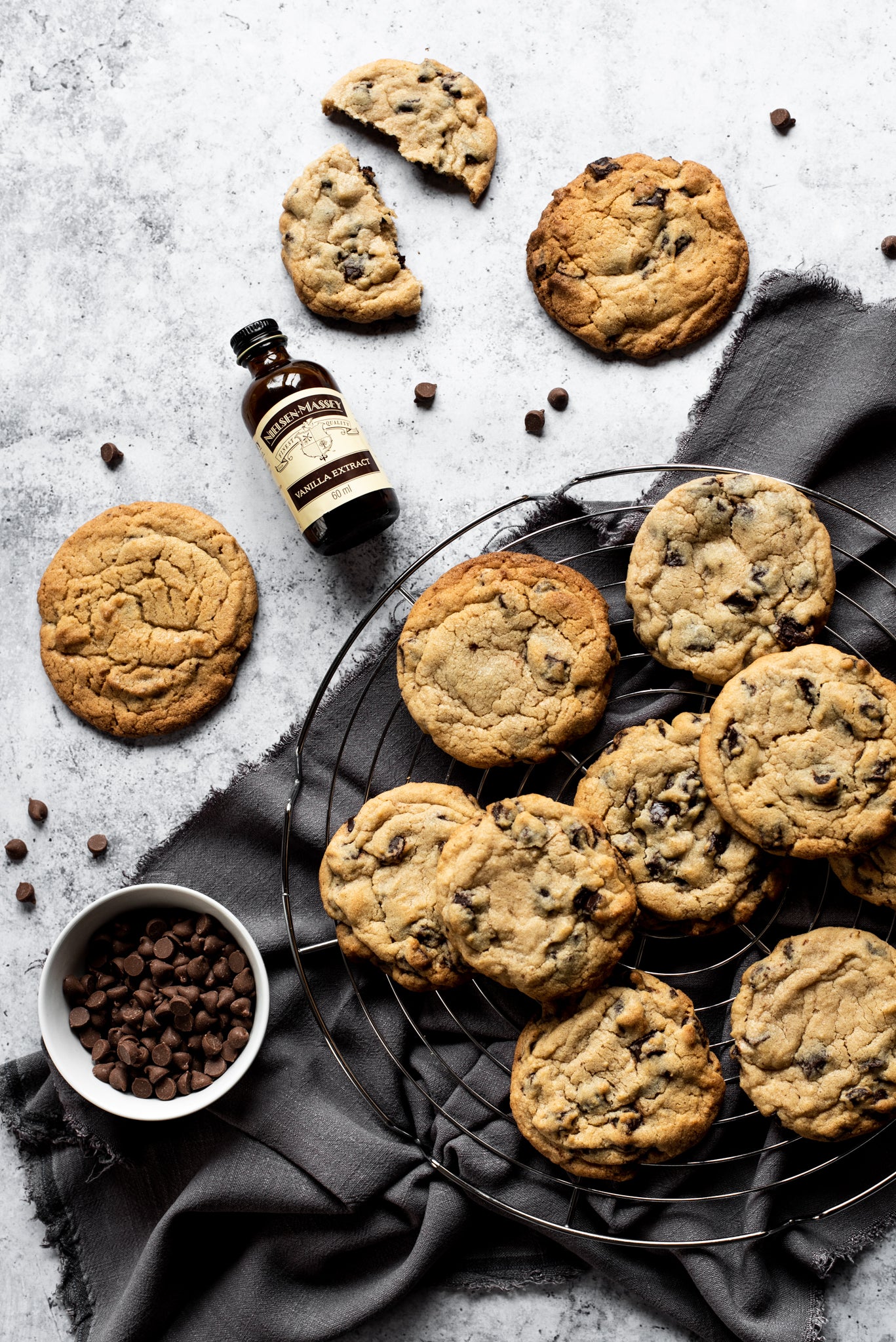 A top down view of a plate of millies copycat chocolate chip cookies