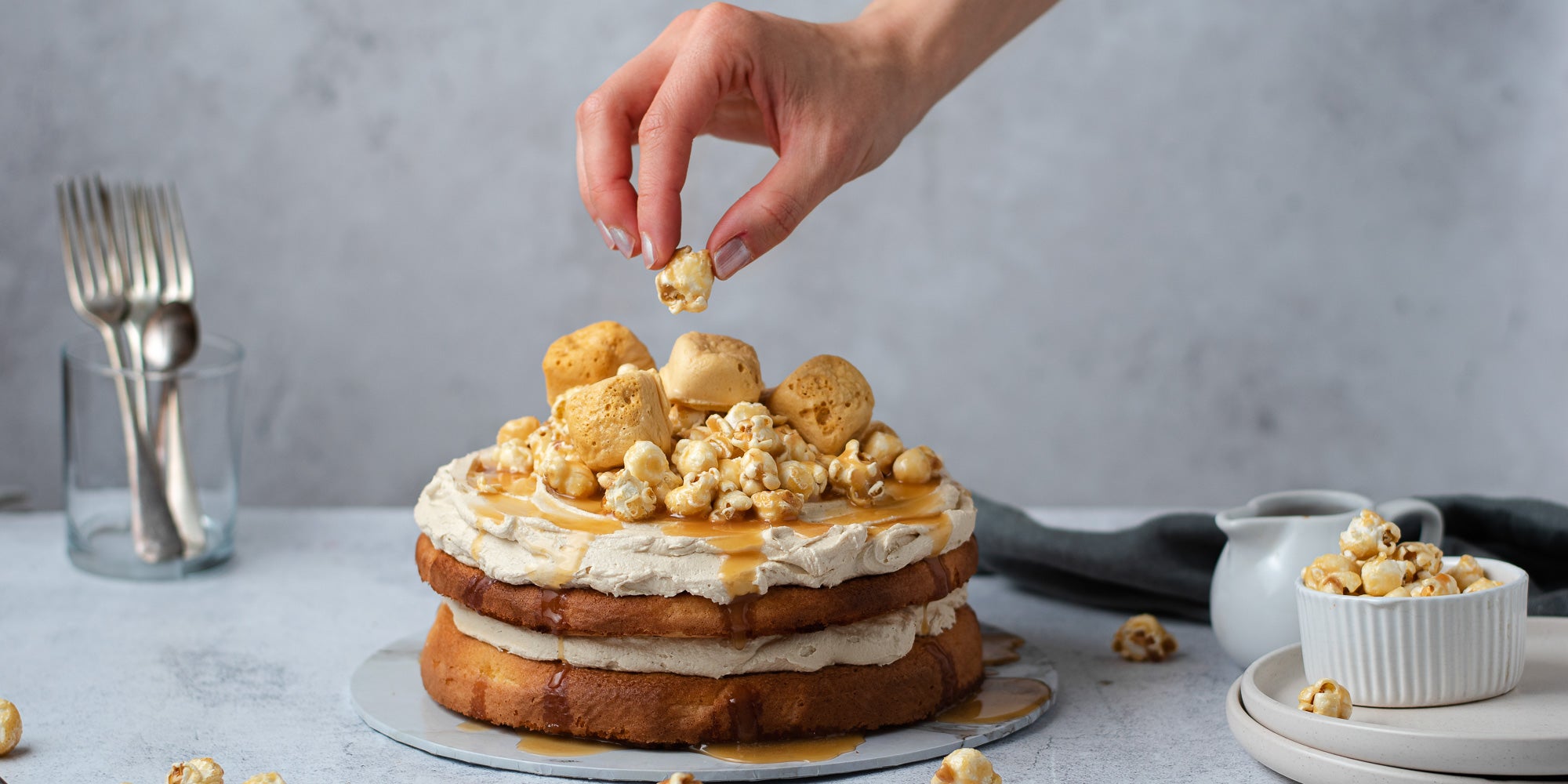 Caramel Cake topped with popcorn