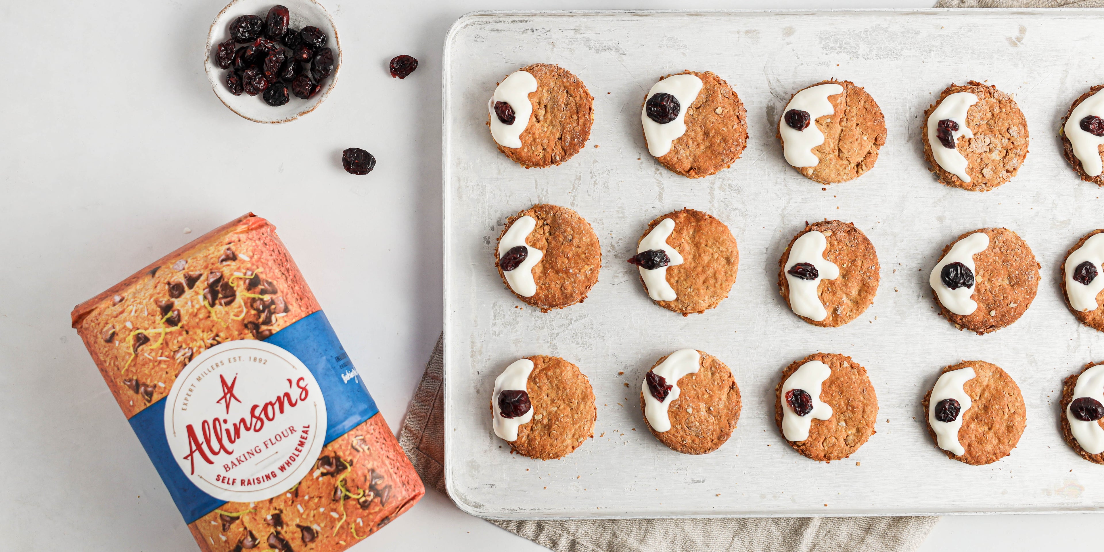 Top down view of a tray of christmas dog treat biscuits