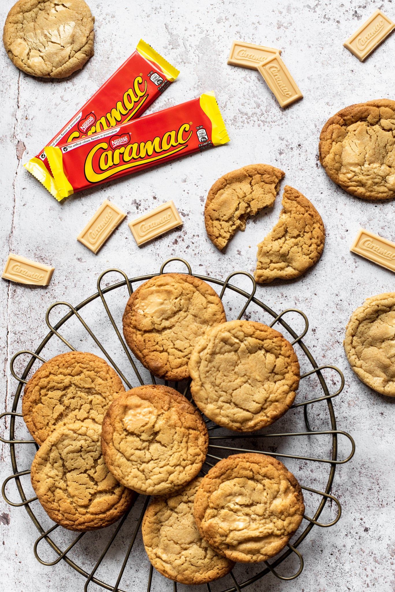 A top down view of a plate of caramac copycat millie's cookies
