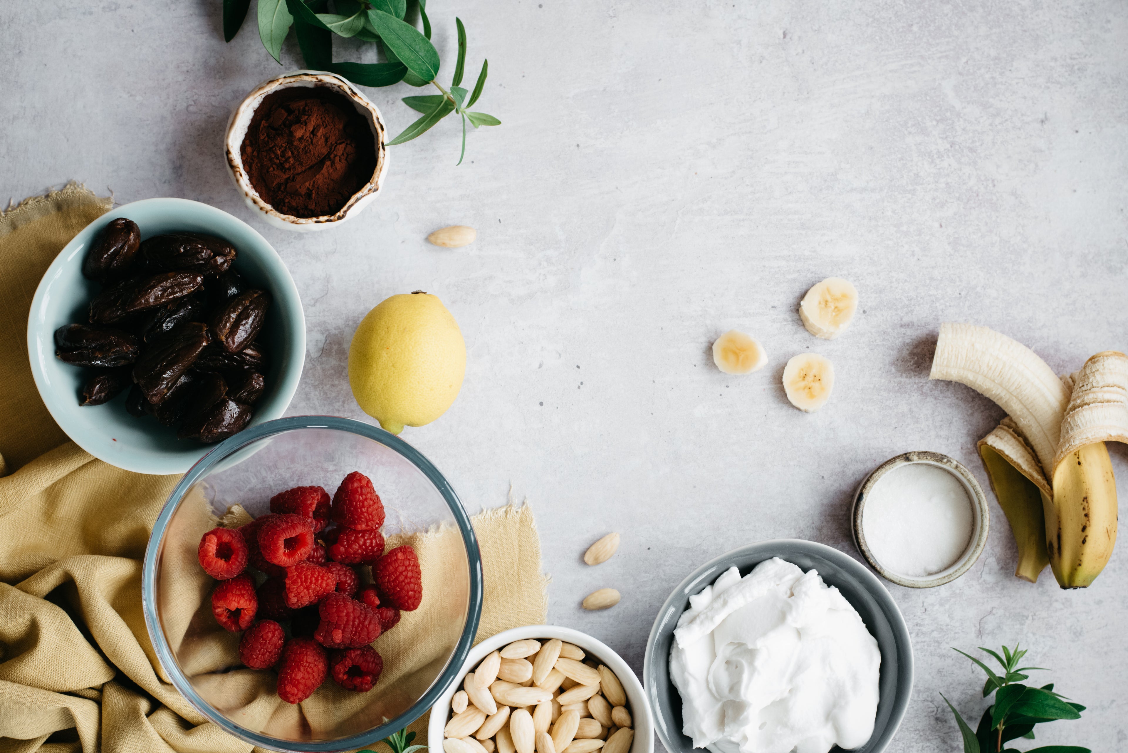 Top down view of the ingredients for vegan cheesecake cups