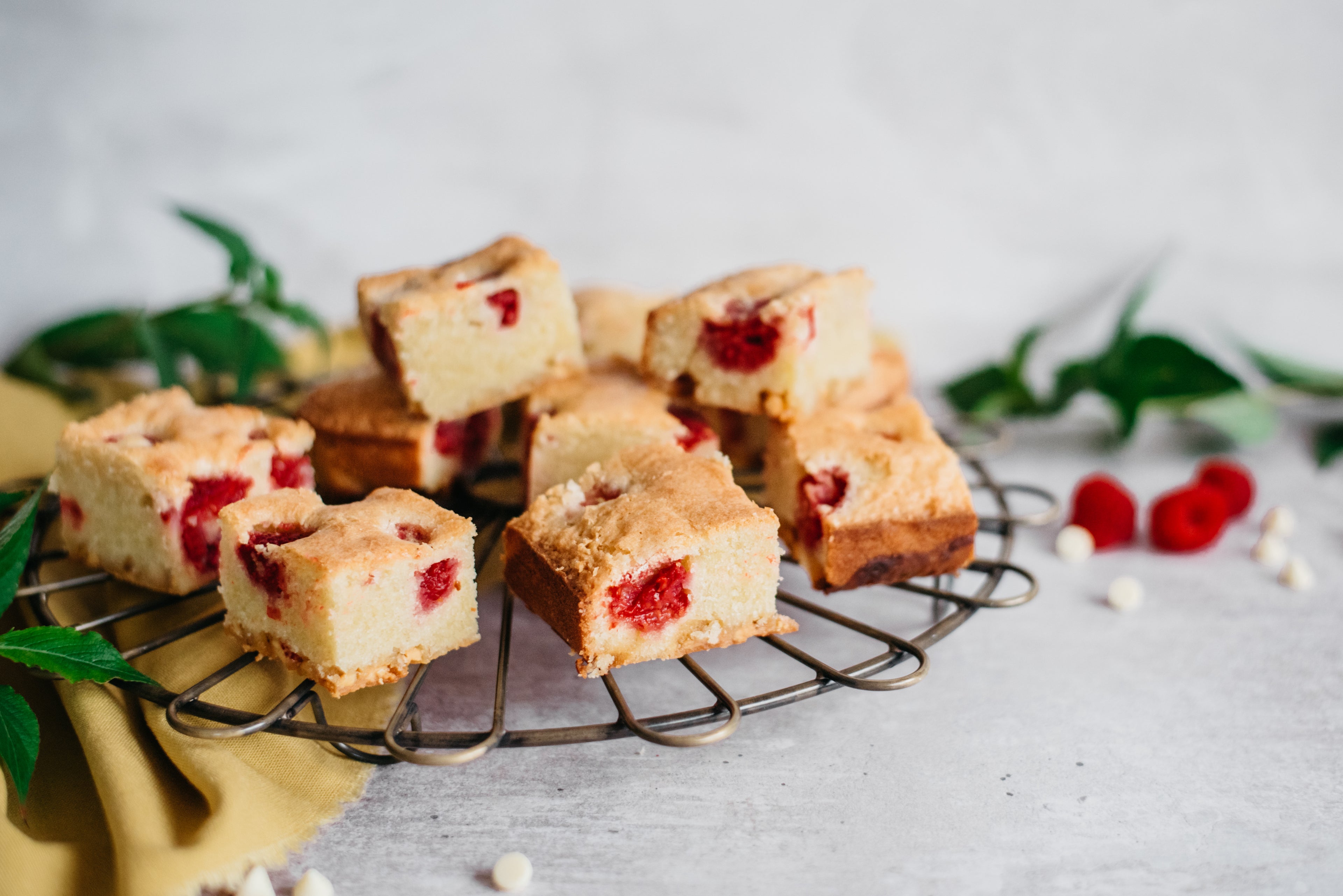 Side on view of a batch of raspberry and white chocolate blondies