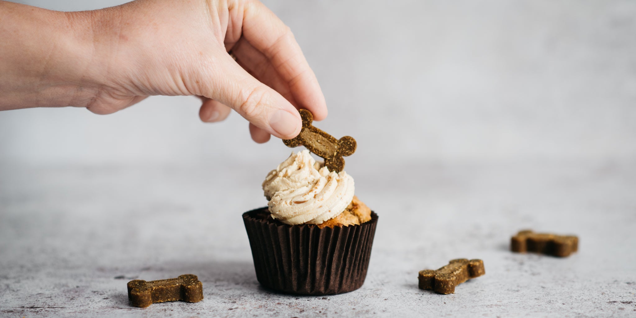 Hand reaching in to place a dog treat on top of frosted cupcake in brown case. Dog treats shaped like a bone scattered at the base of cupcake