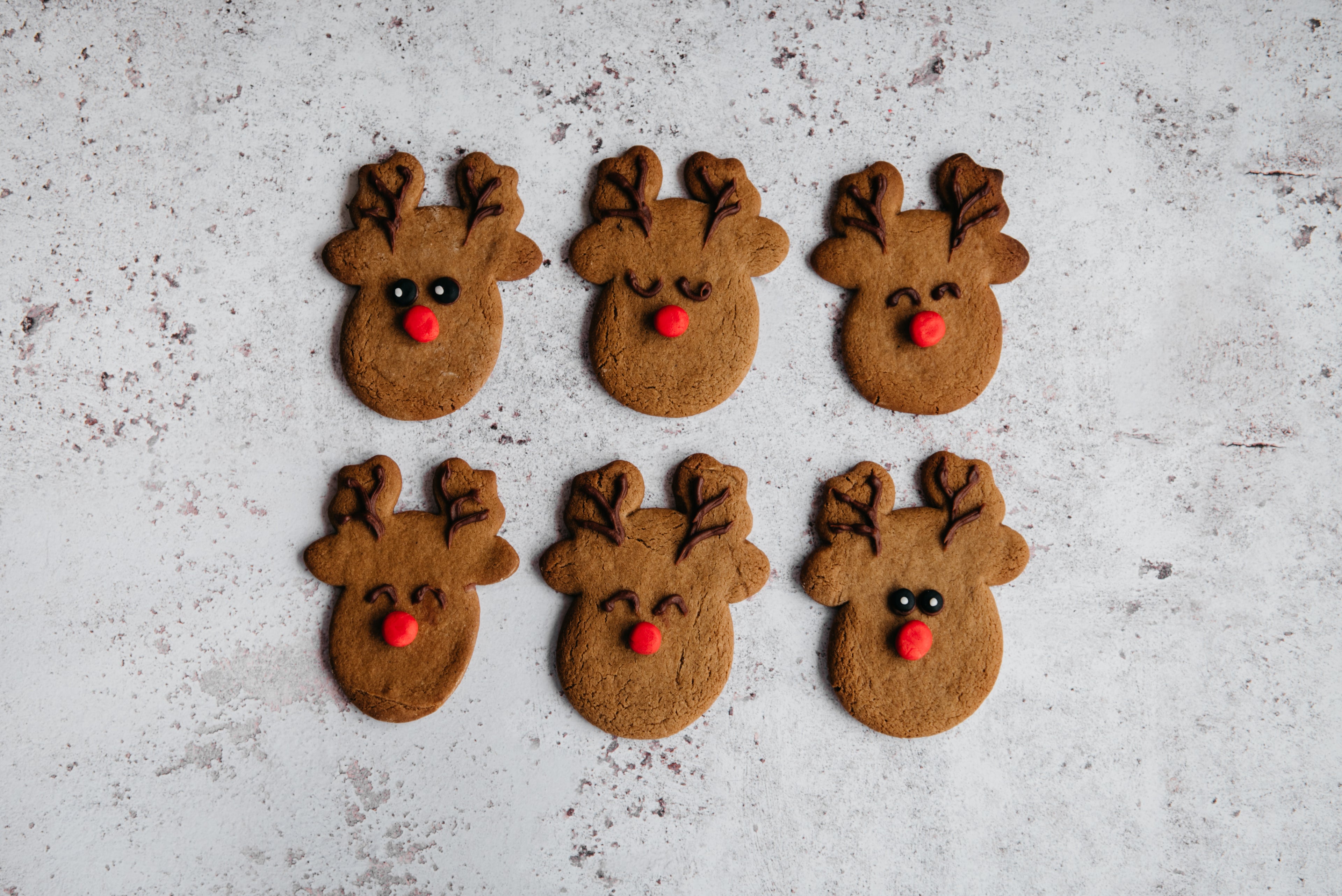 Top view of Reindeer Cookies hand decorated with icing and red smarties