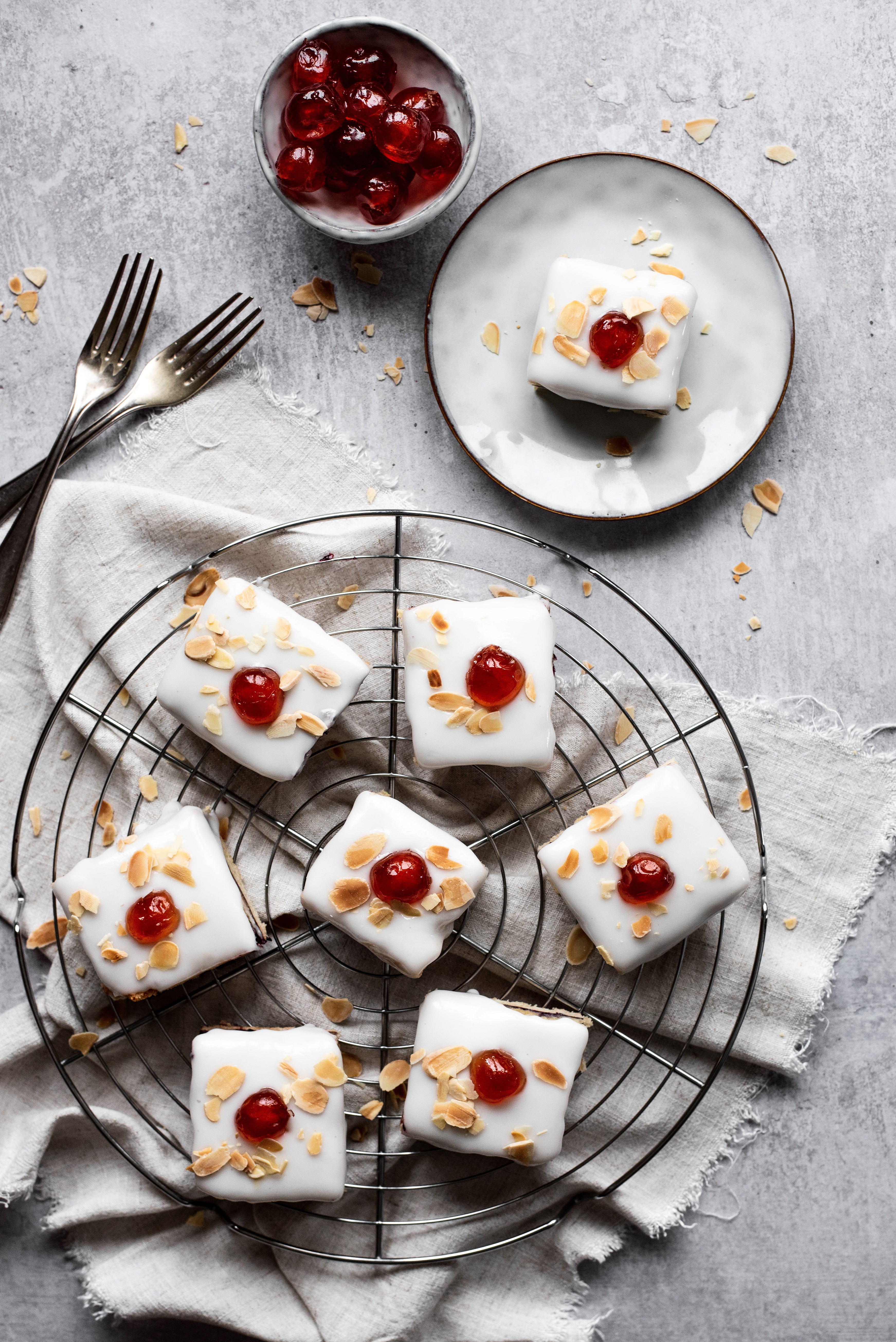 bakewell tart slices on a cooling rack