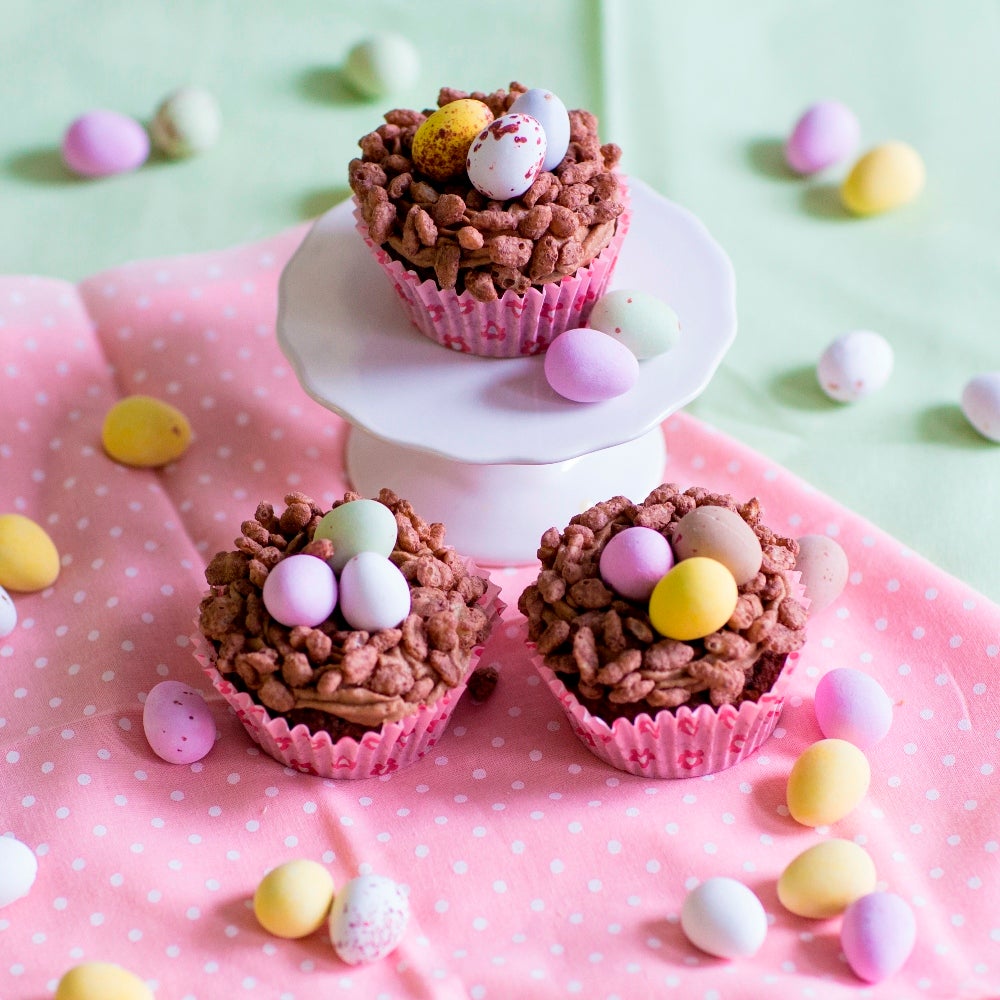 Chocolate rice crispy cakes topped with chocolate Mini Eggs