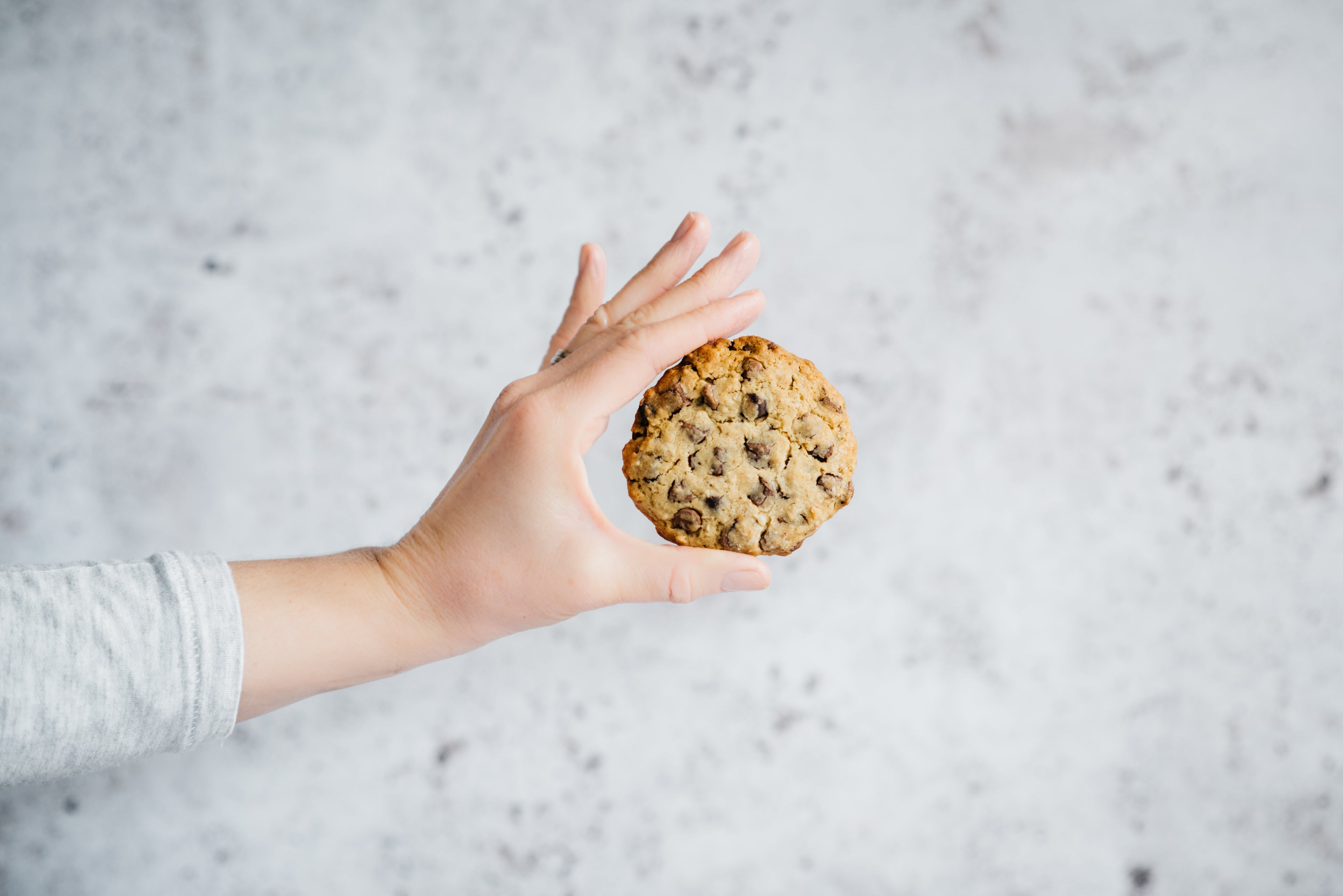 A hand holding a low sugar chocolate chip cookie