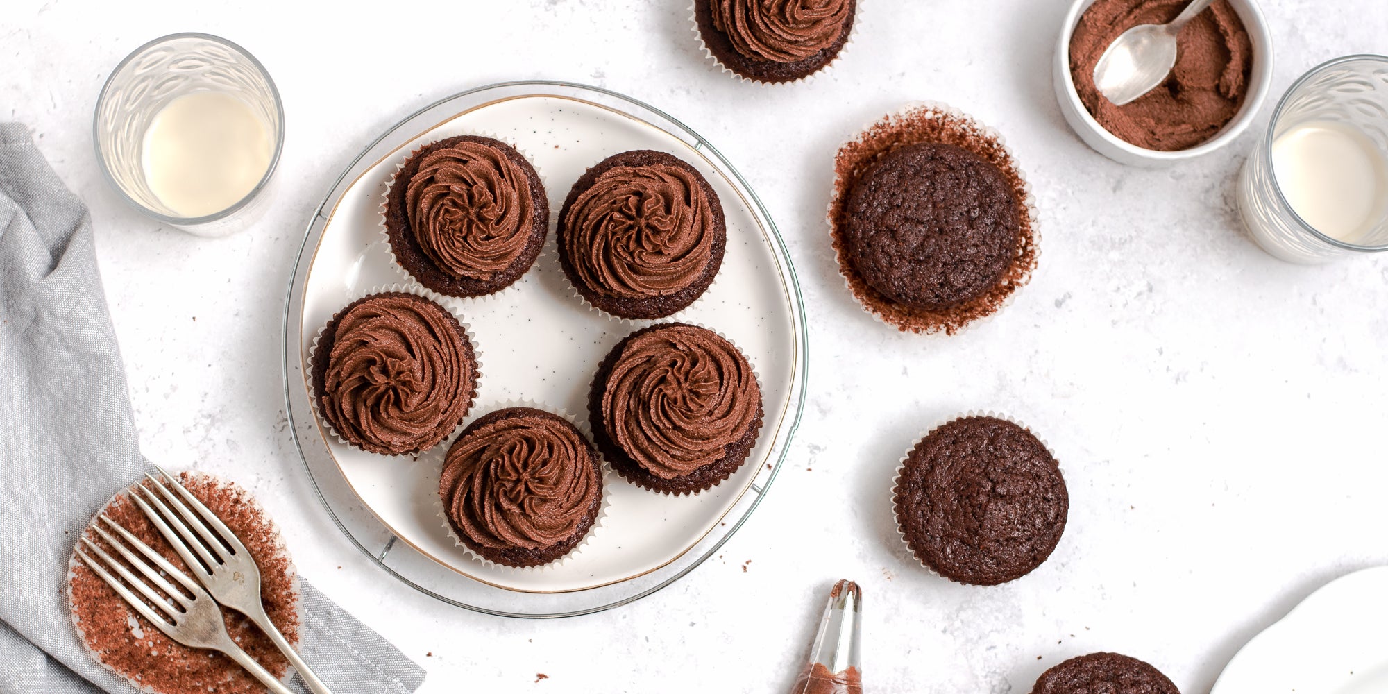 Top view of Vegan Chocolate Cupcakes piped with vegan chocolate buttercream.