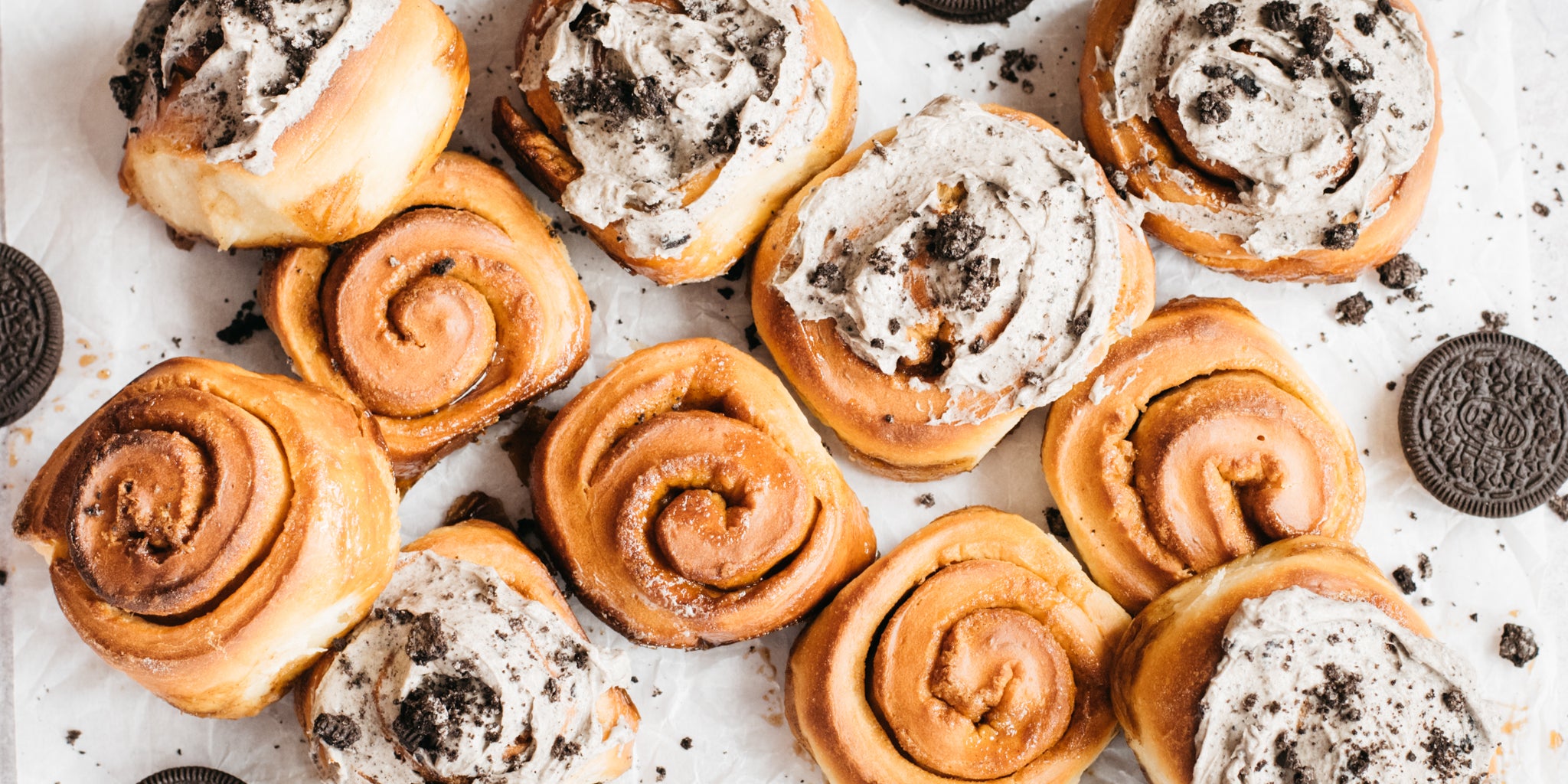 Cinnamon Rolls topped with crumbled Oreo cookies