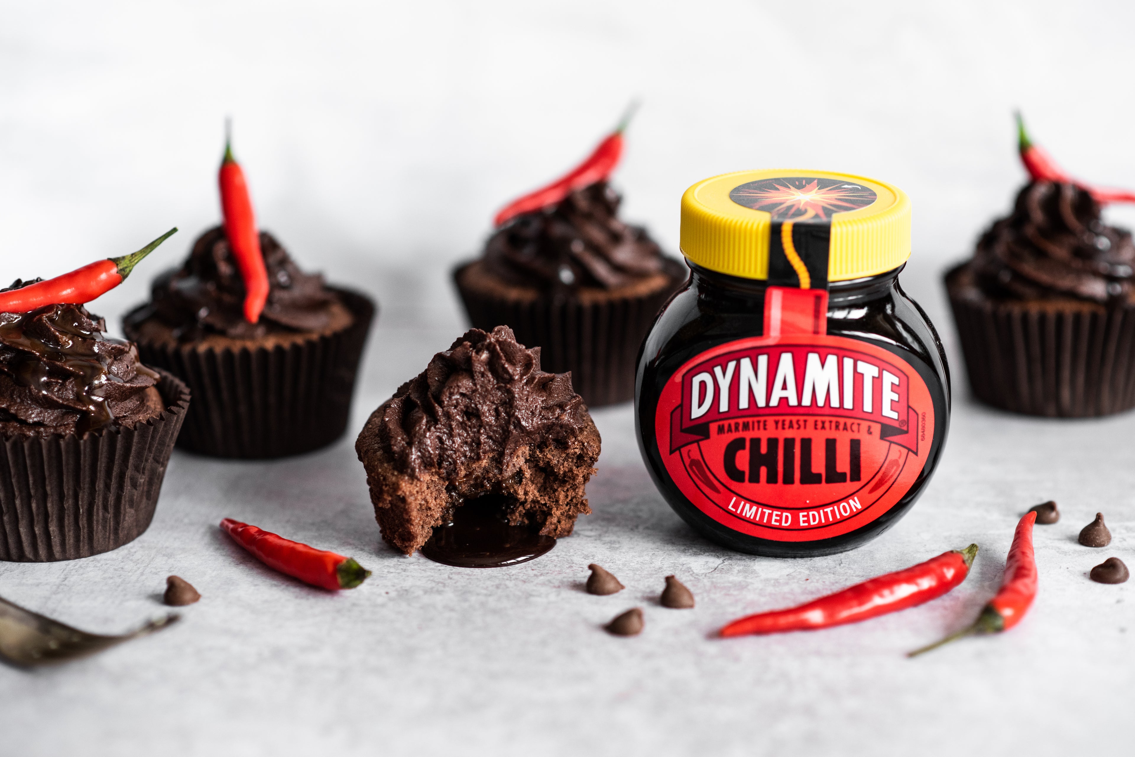 Chilli Chocolate Cupcakes next to dynamite chilli jar