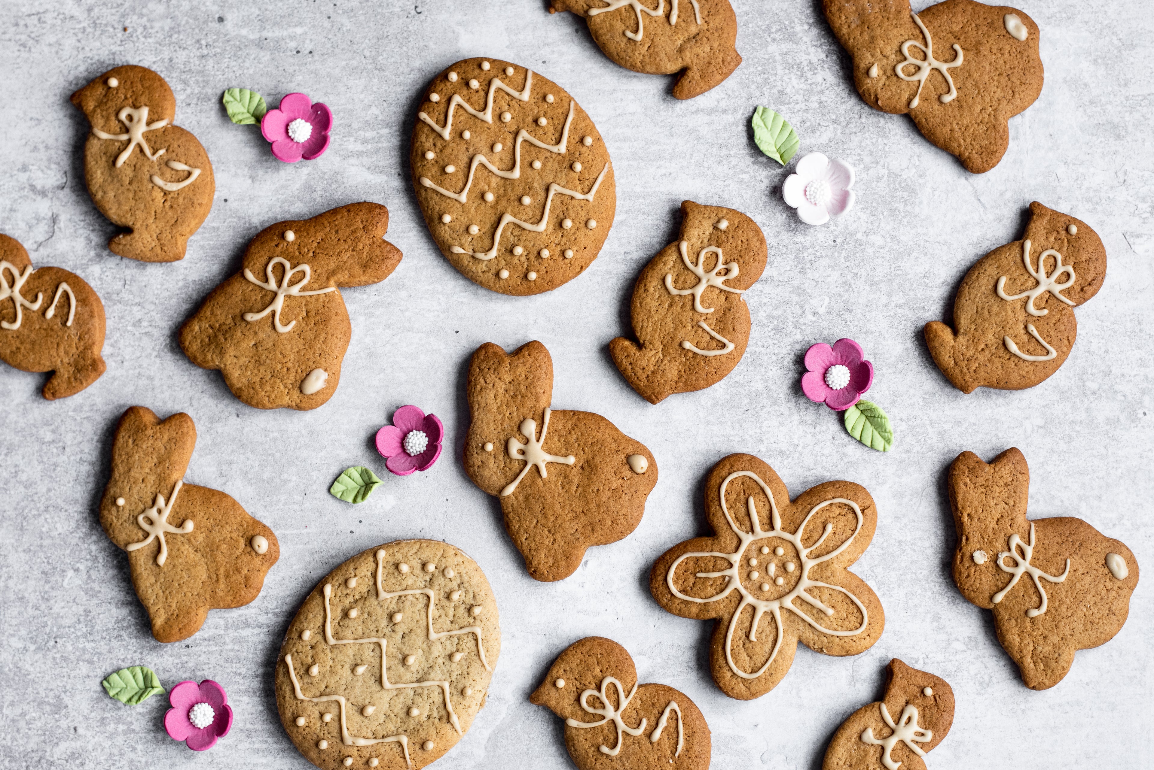 Easter shaped ginger biscuits laid flat on a surface