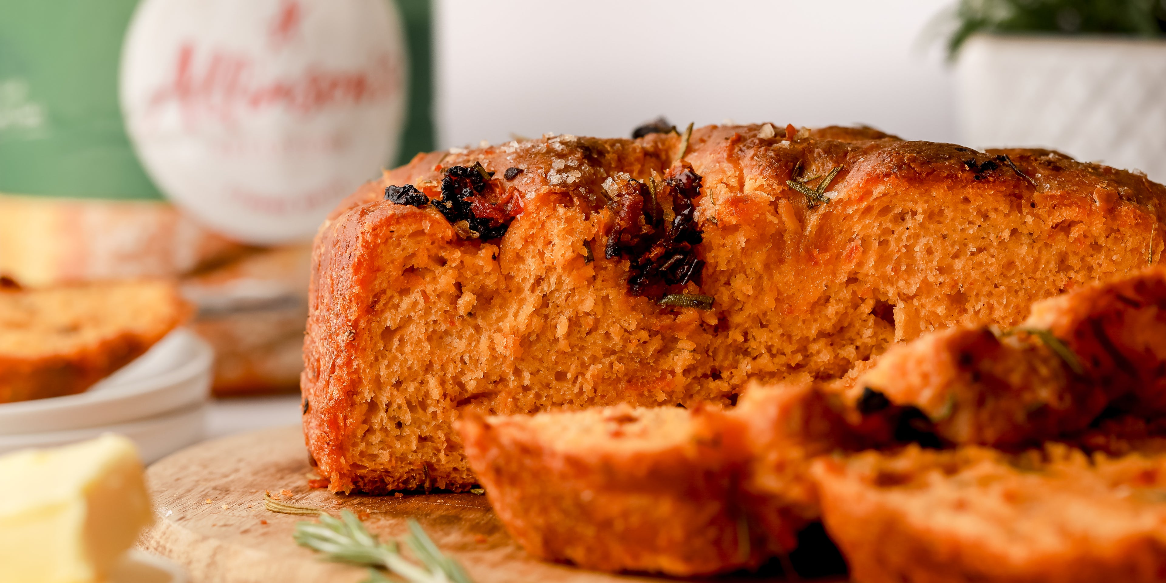 Close-up of freshly-baked sundried tomato bread