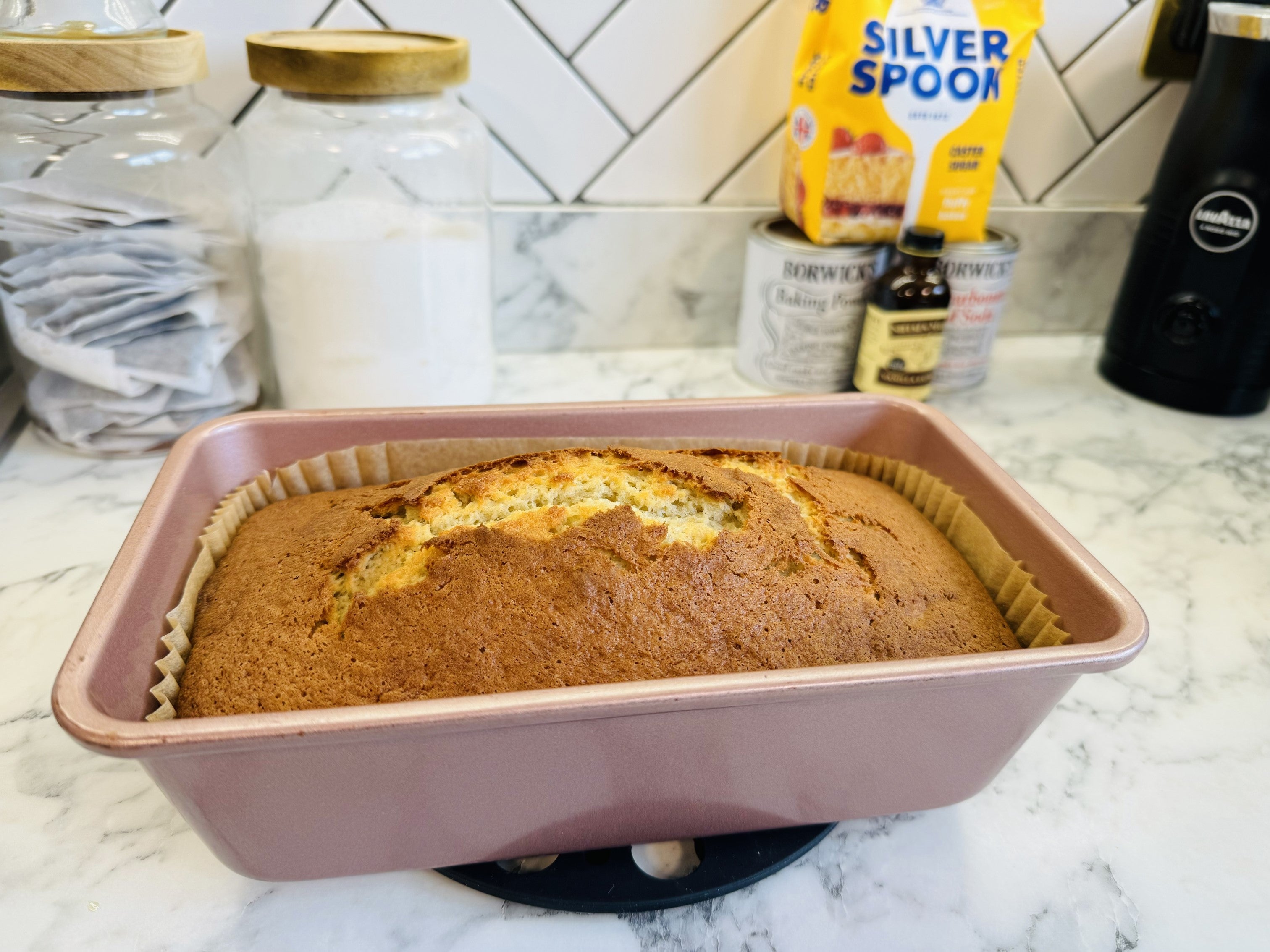 Mary Berry's banana bread in a pink loaf tin