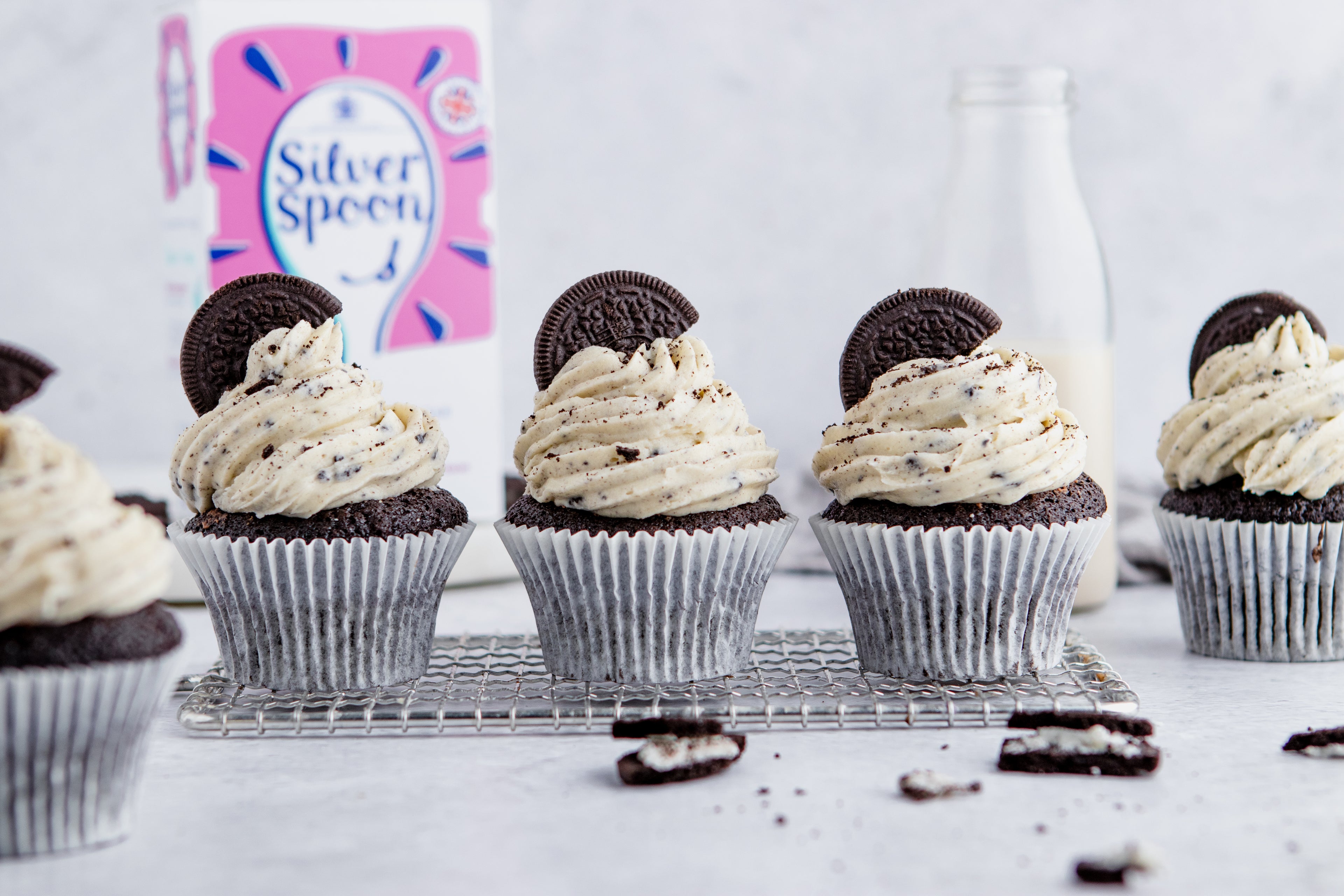 Oreo Cupcakes with Silver Spoon Icing Sugar in the background and oreo crumbs