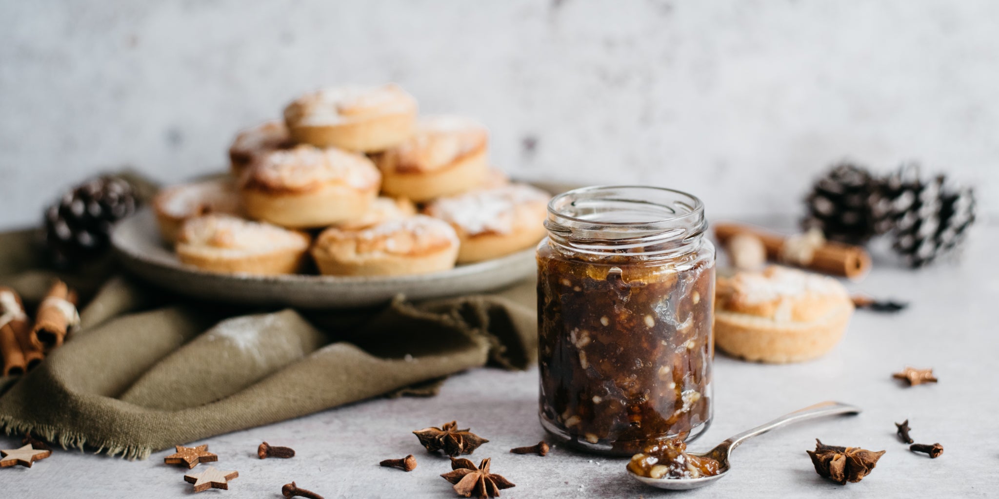 Batch of Billington's Frangipane Mince Pies by Benjamina, with a jar of luxury mince meat in the foreground