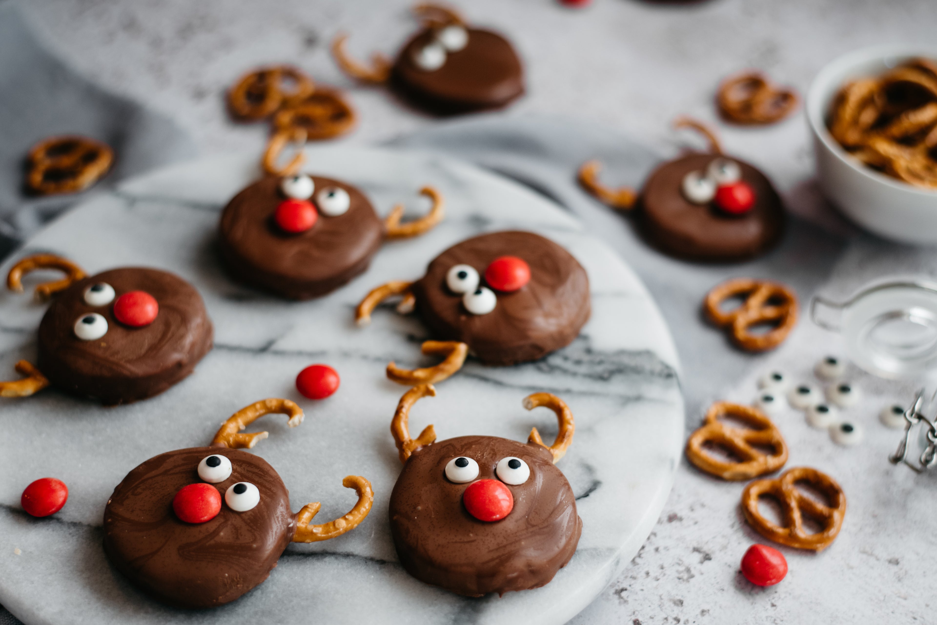 Close up view of Reindeer Orange Creams on a marble serving board