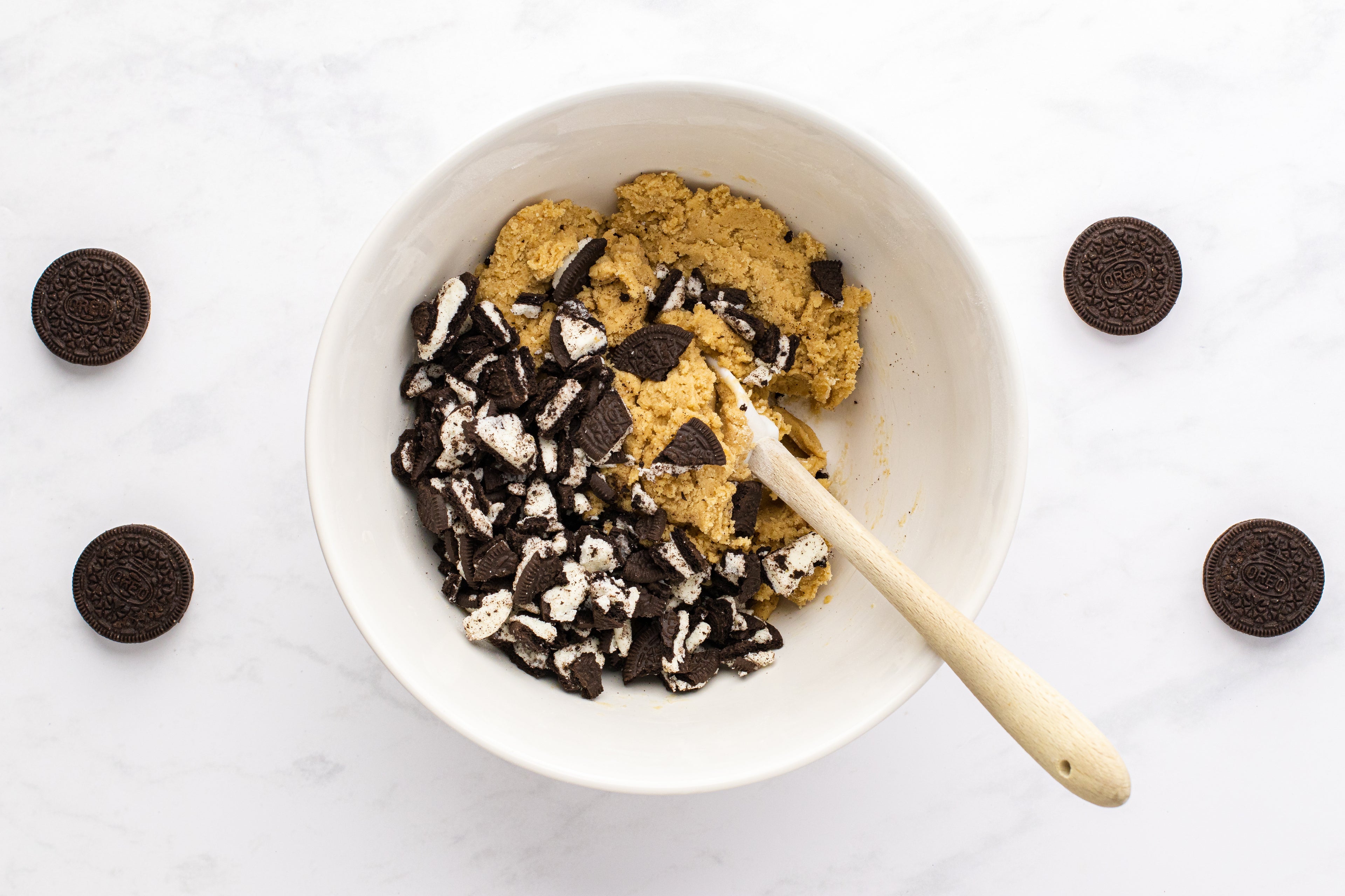 Cookie mixture in a white bowl