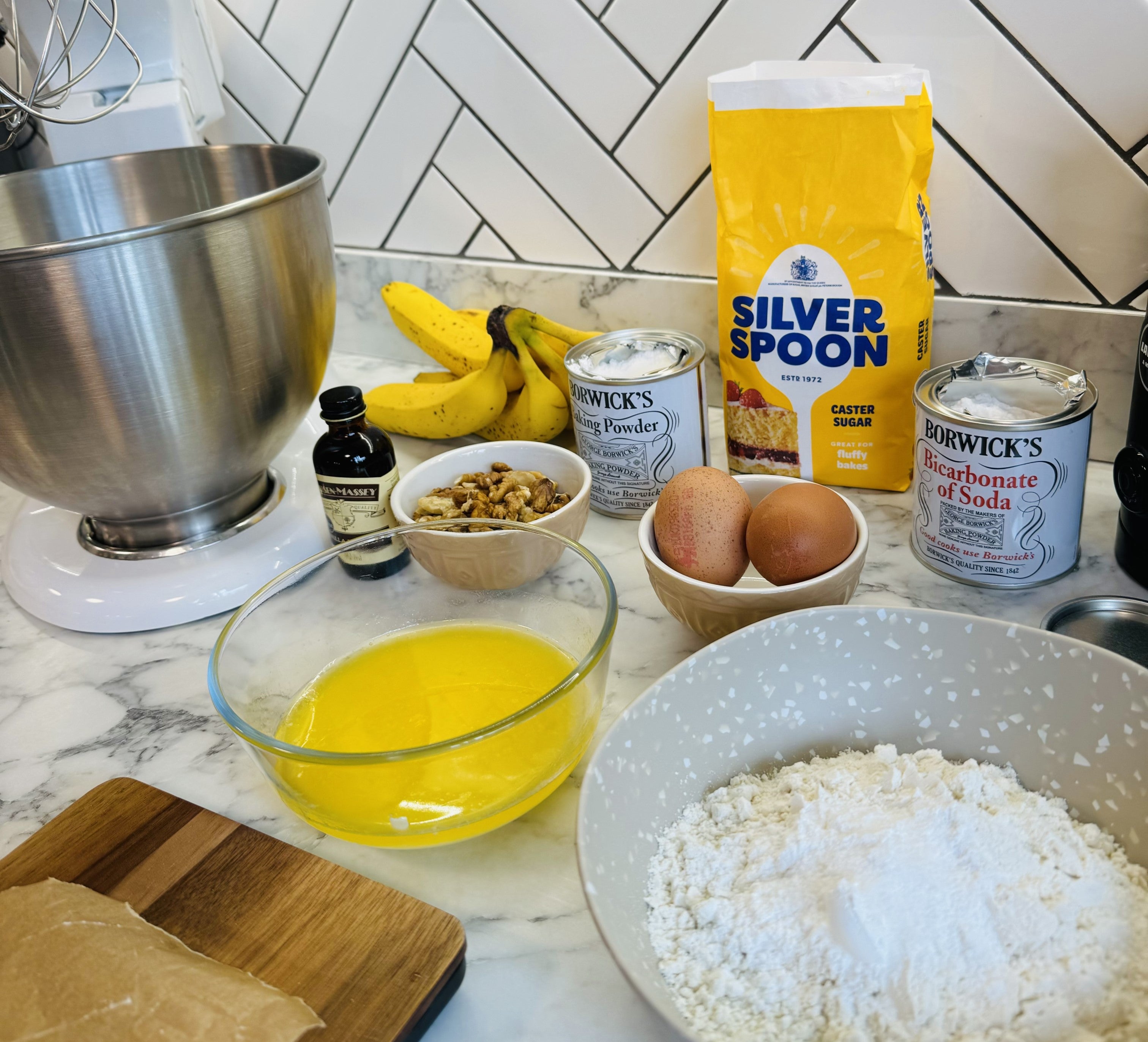 Worktop showing ingredients needed to bake Nigella Lawson's banana bread