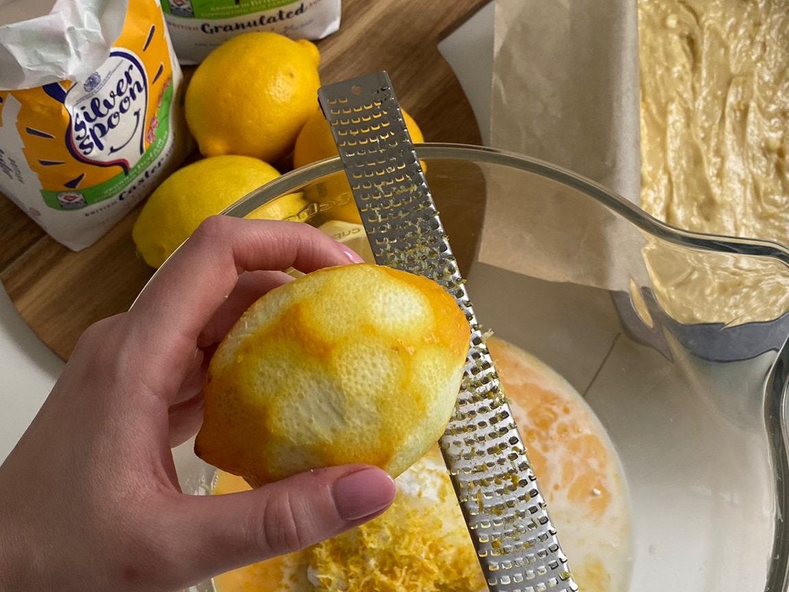 Zesting a lemon for Mary Berry and Nigella Lawson's lemon drizzle cake