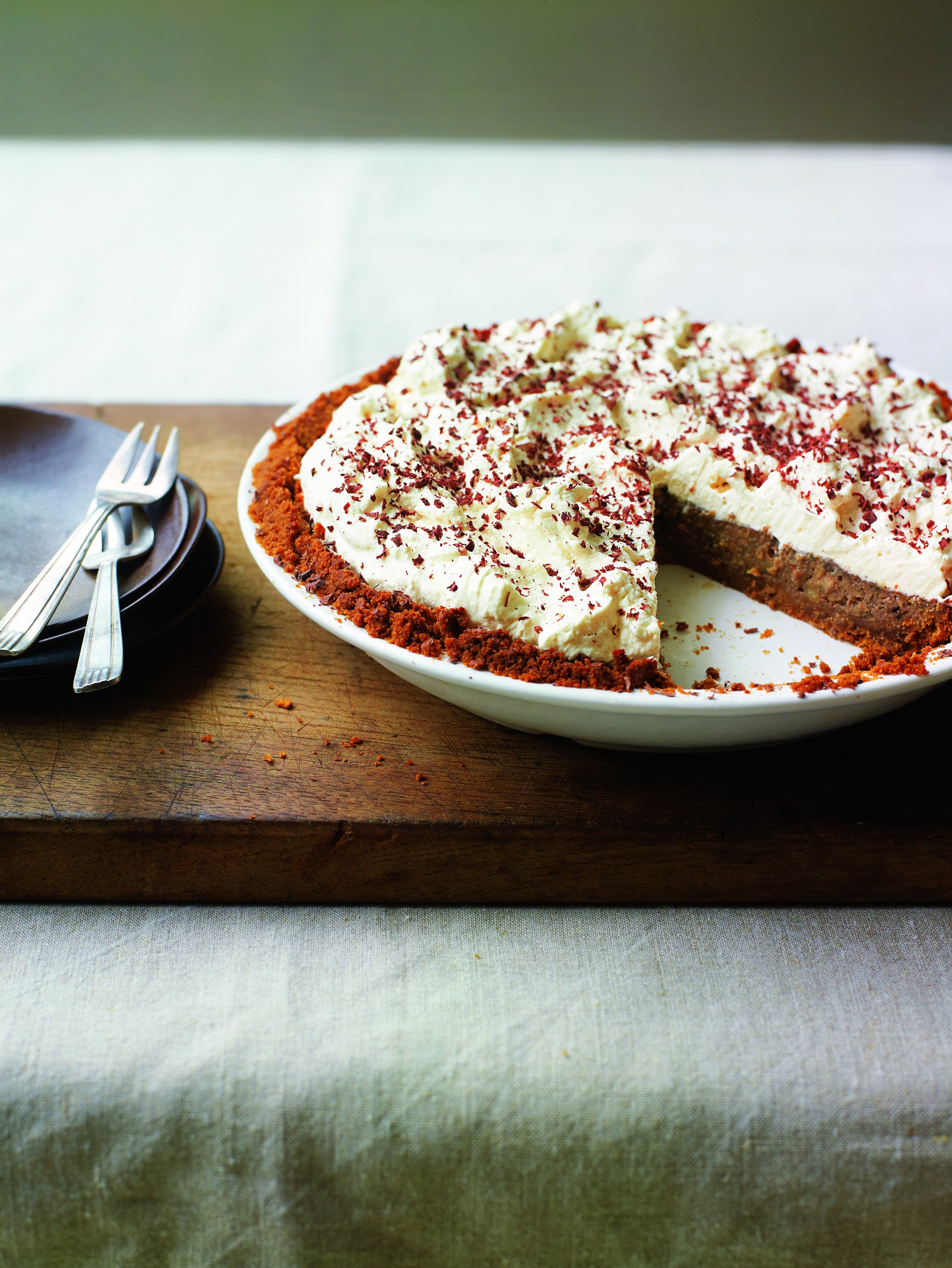 Banana Pie in dish with slice cut out and forks beside on 2 plates