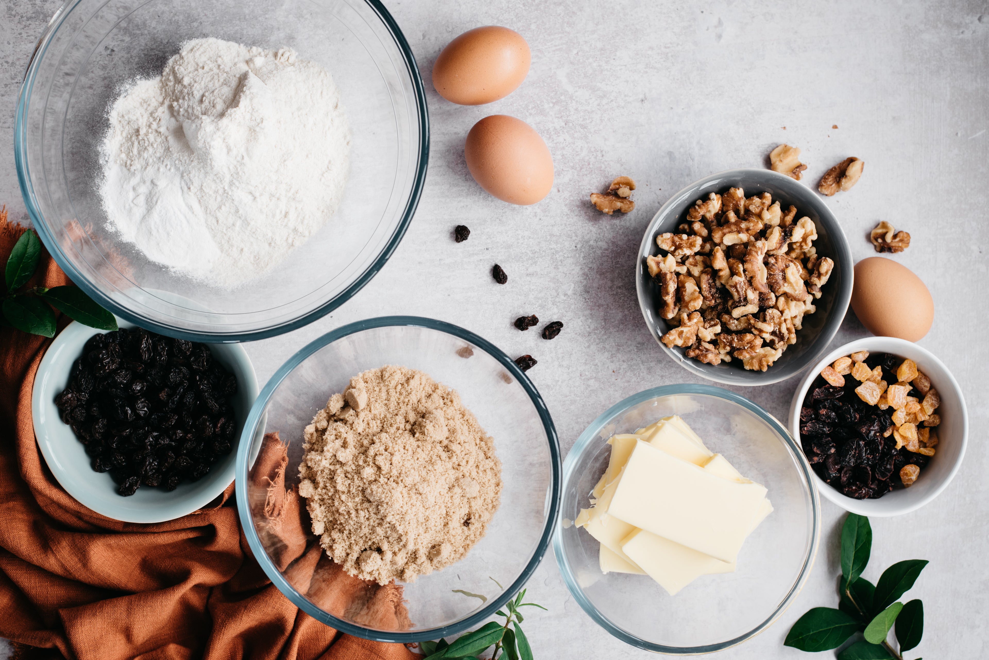 Top down view of light fruit cake ingredients