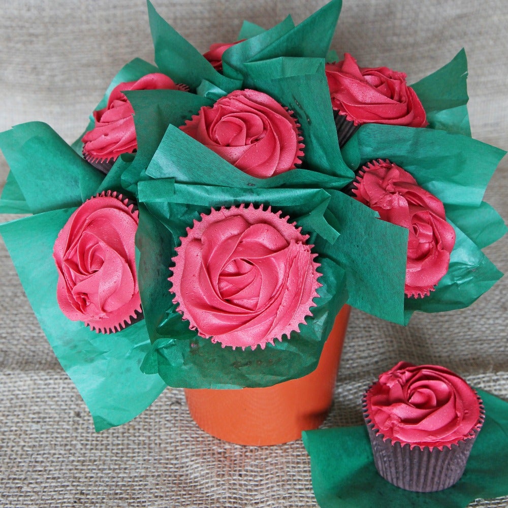 Cupcake bouquet made with red velvet cupcakes