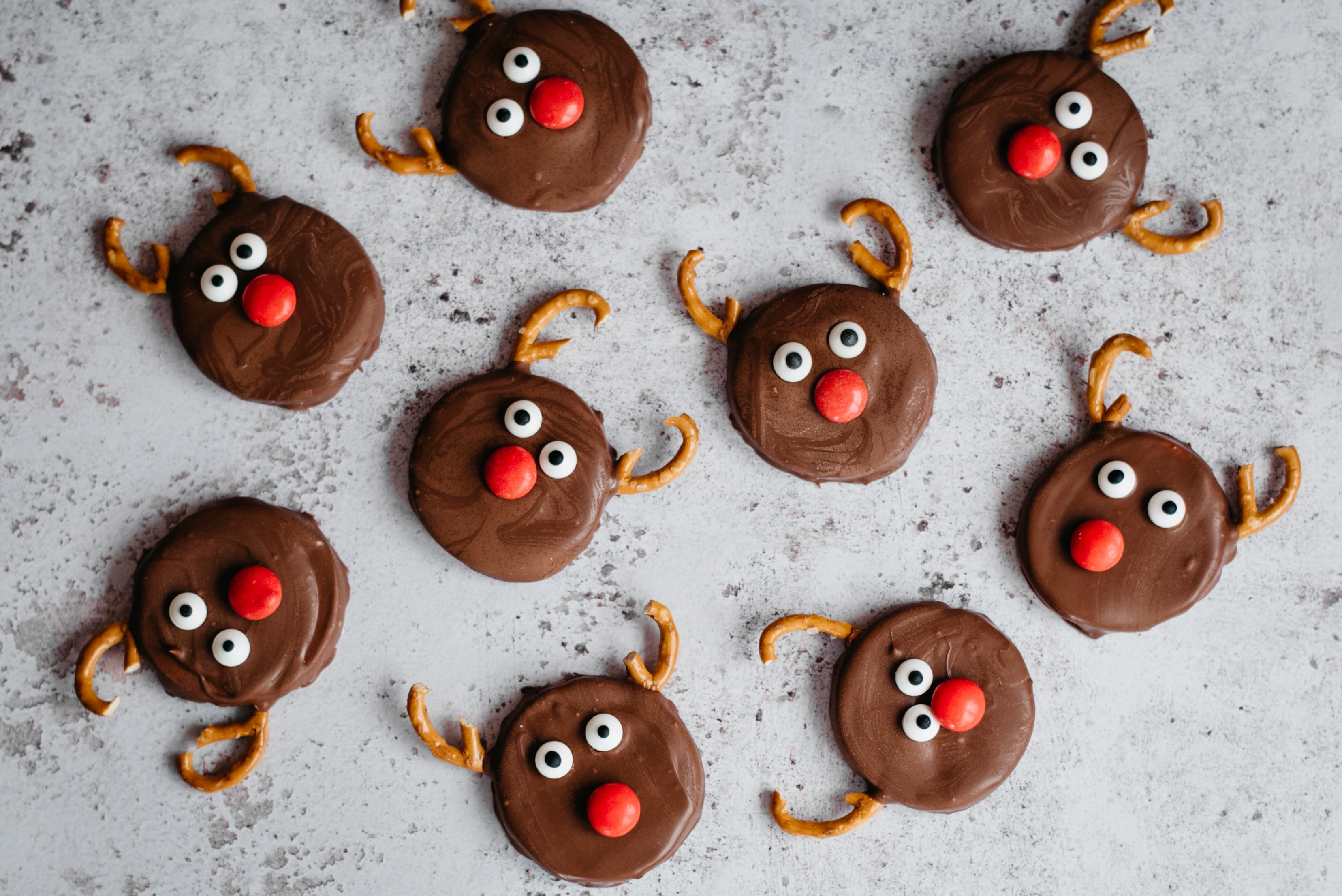 Individual Reindeer Orange Creams top view, decorated with pretzels