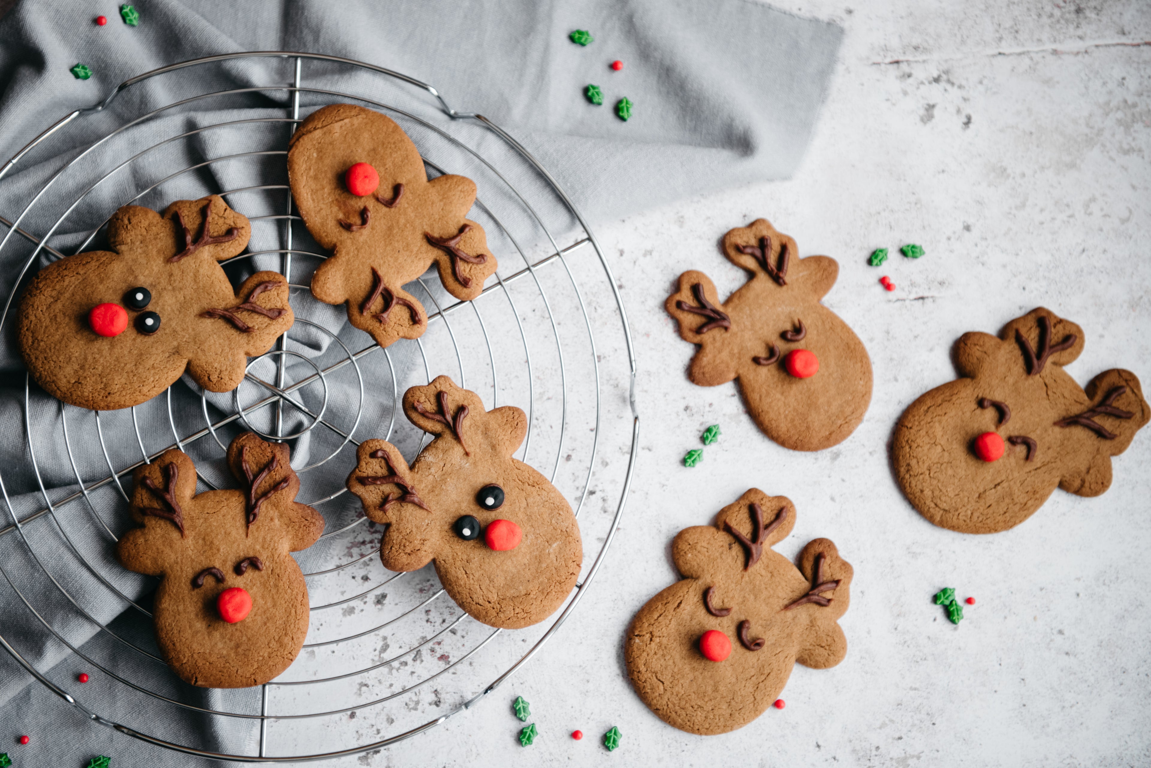 Top view of Reindeer Cookies on a wire cooling rack