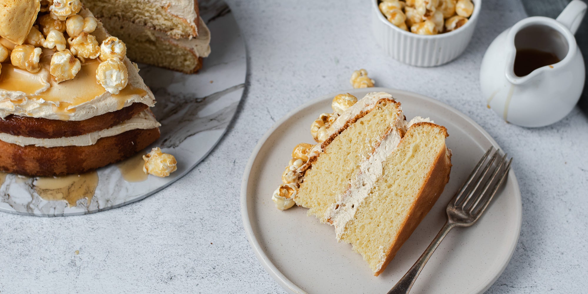 Caramel Cake topped with popcorn
