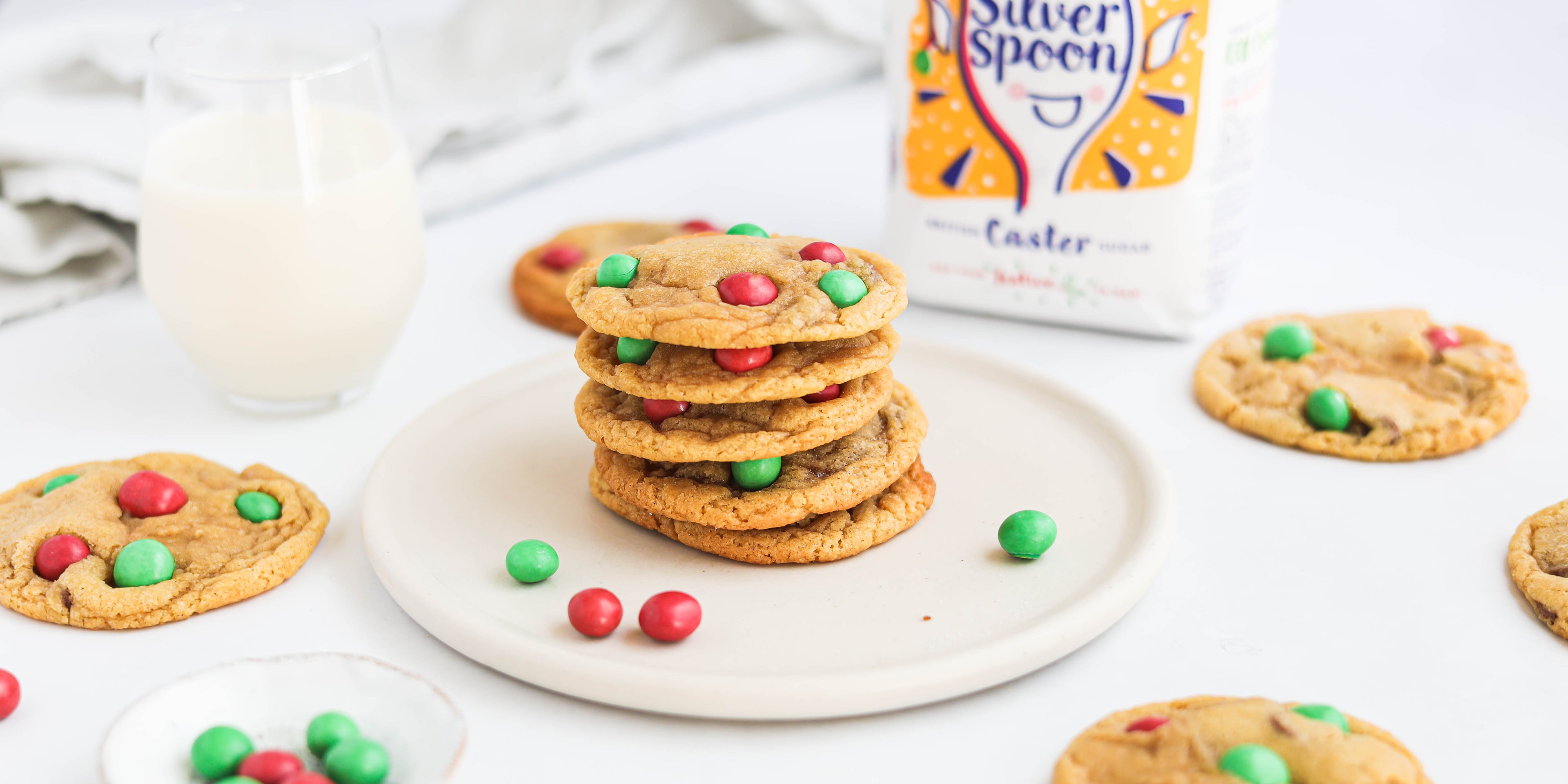 Stack of Copycat Millies Cookies Elf Style decorated with red and green m&ms