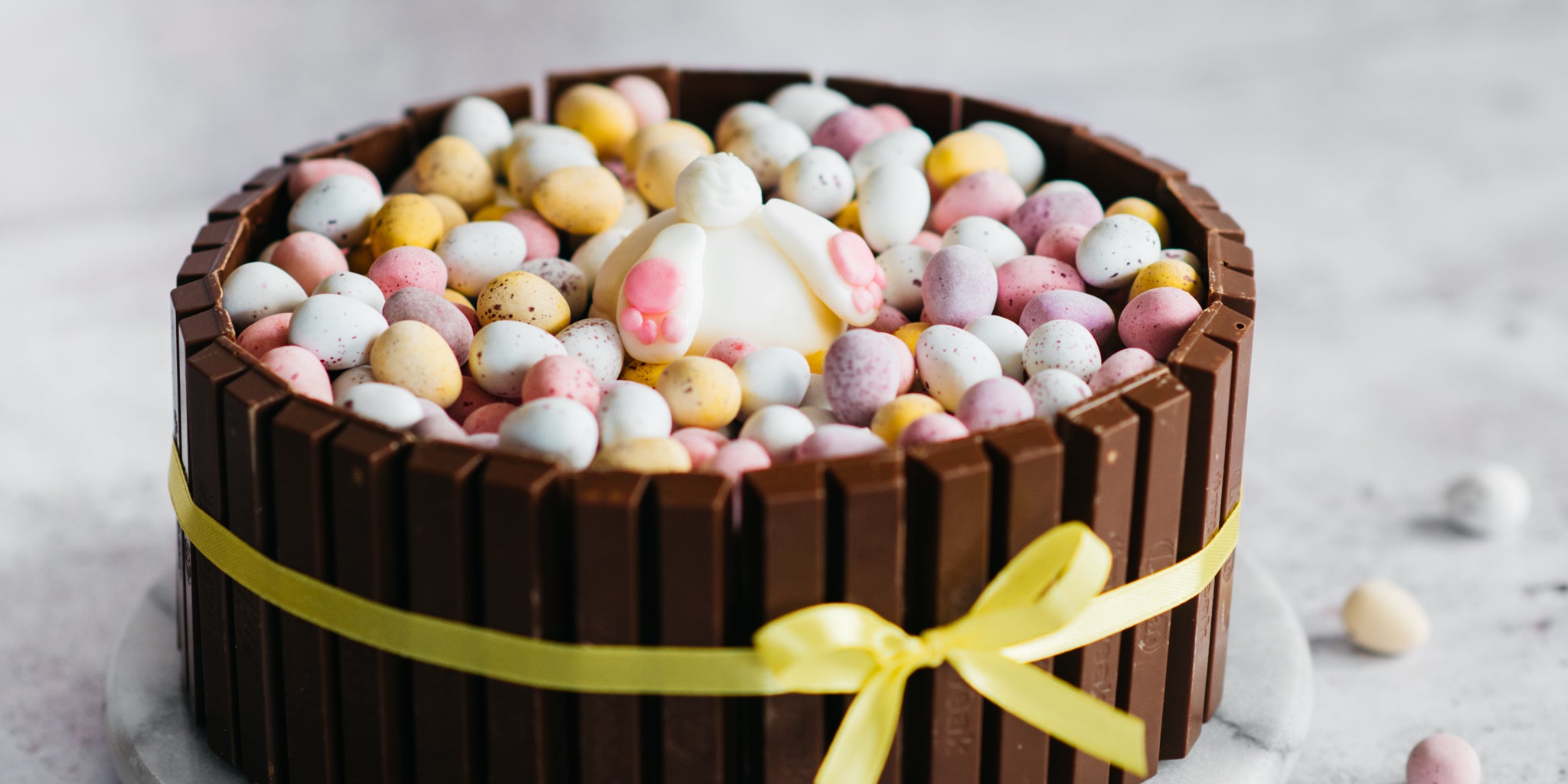 Close up of easter cake decorated with easter eggs