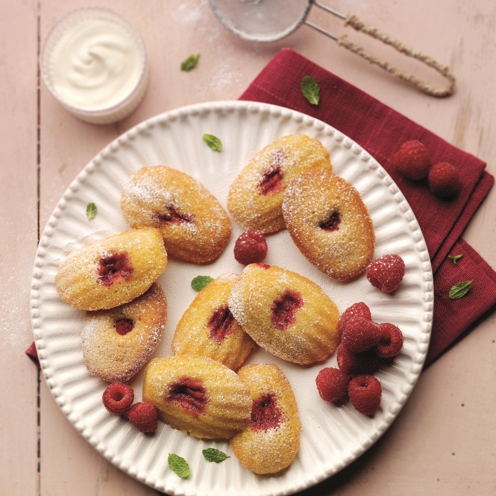 Raspberry Madeleines with Rose Water Cream