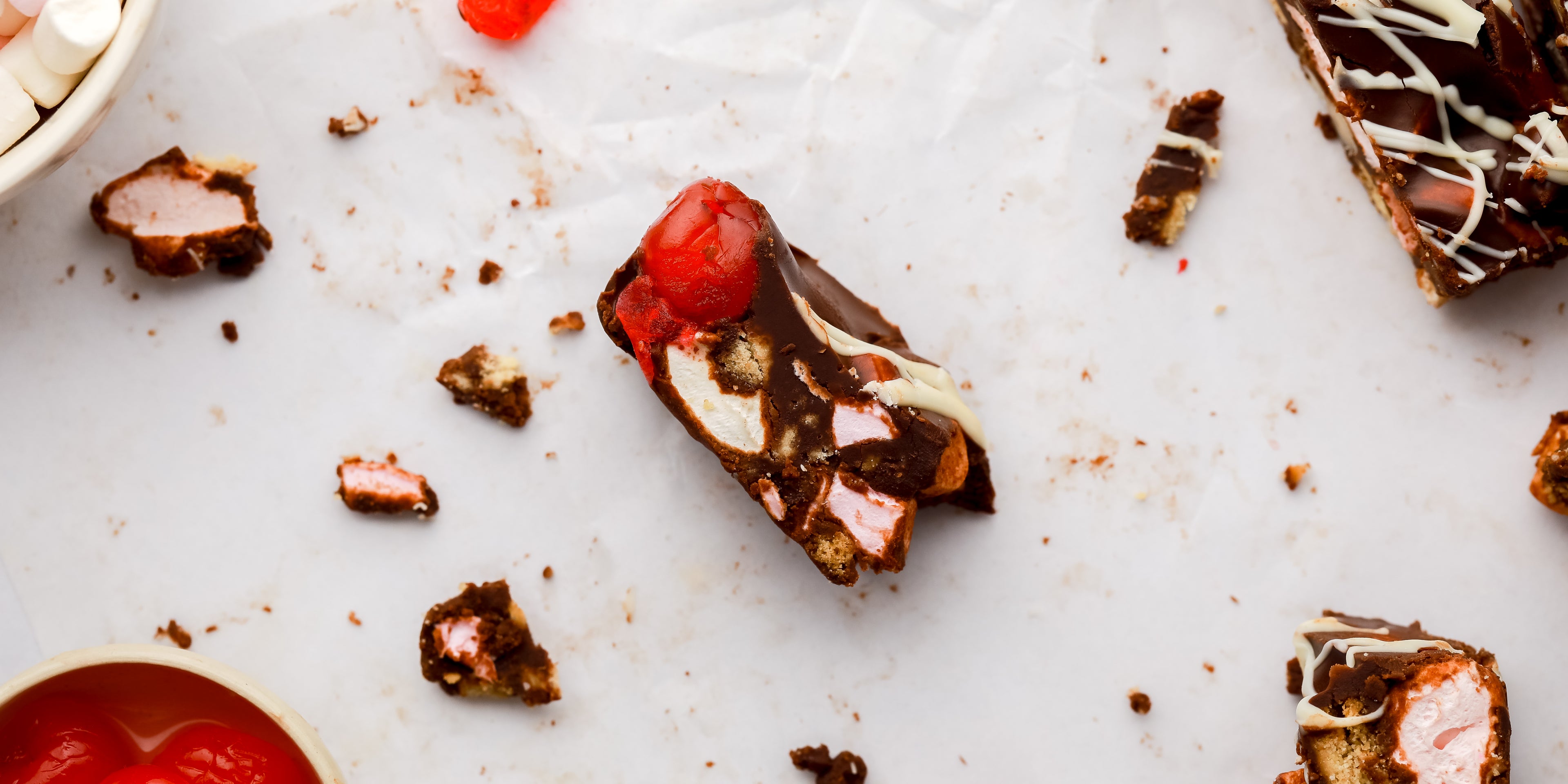 Slice of rocky road with a bite taken out