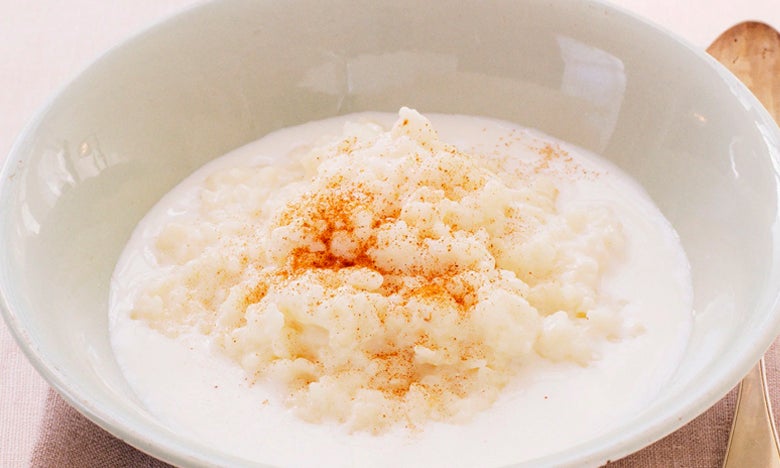 Top down view of rice pudding in a bowl