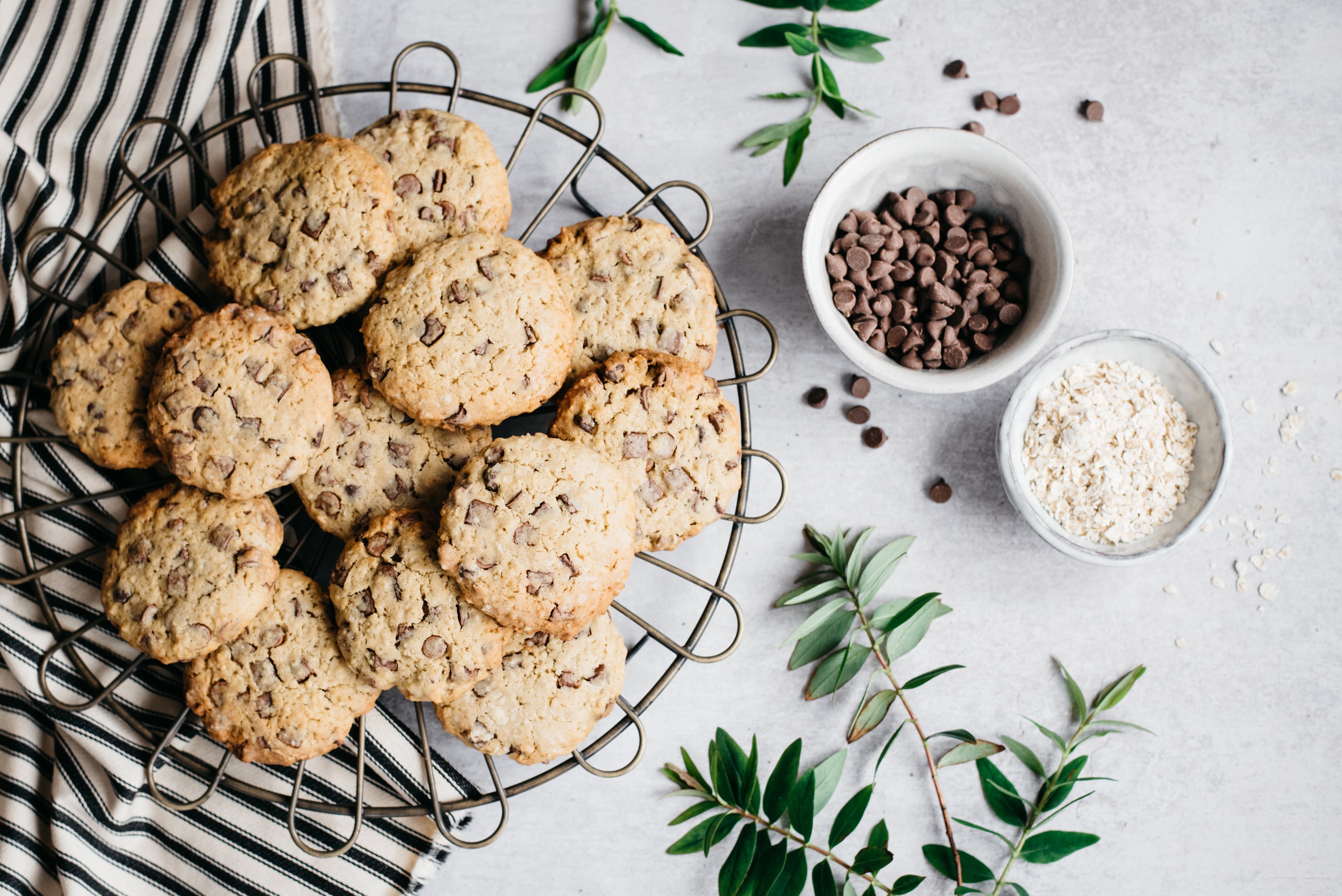 Top down view of a plate of low sugar chocolate chip cookies