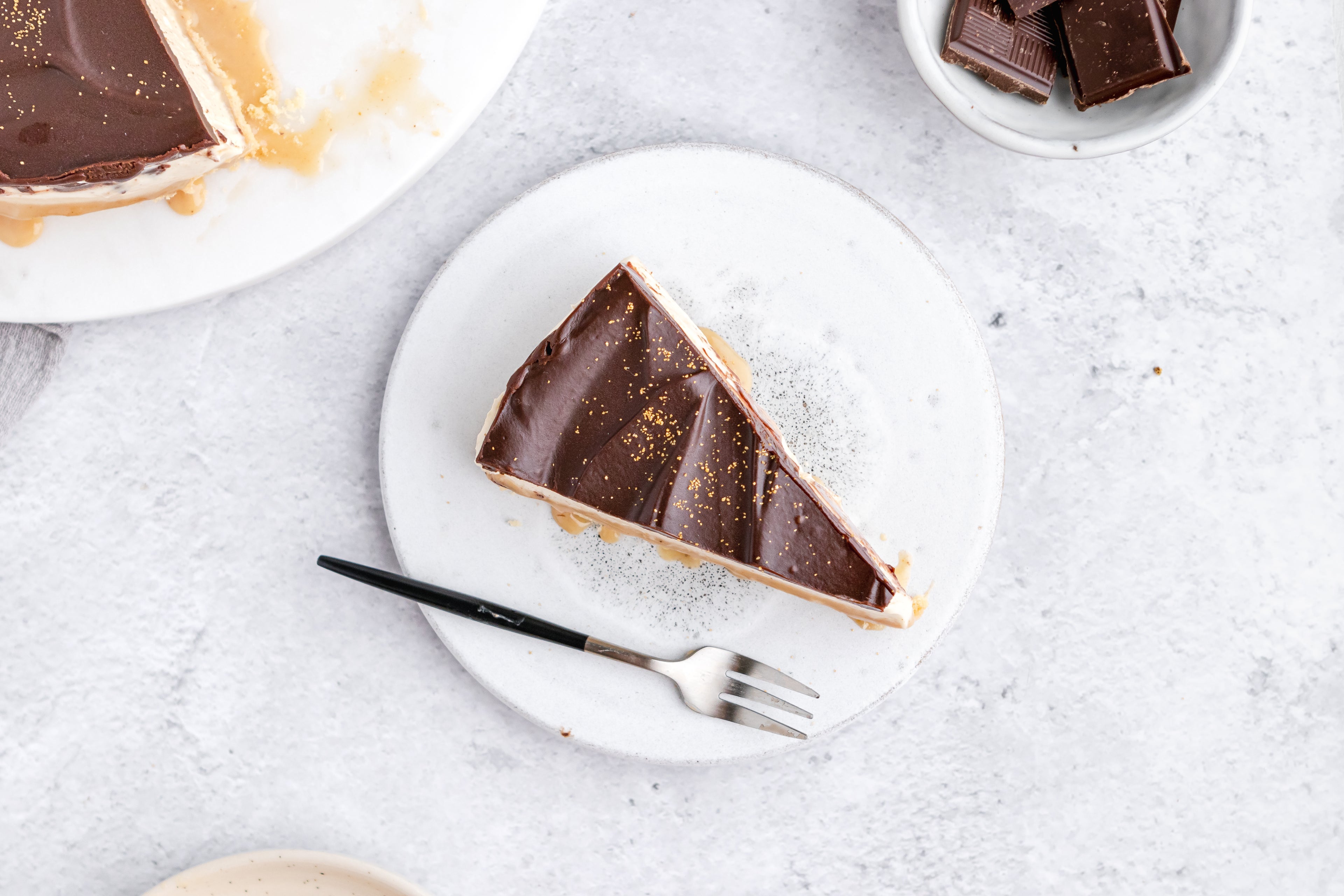 Millionaire's Cheesecake from above, with a fork