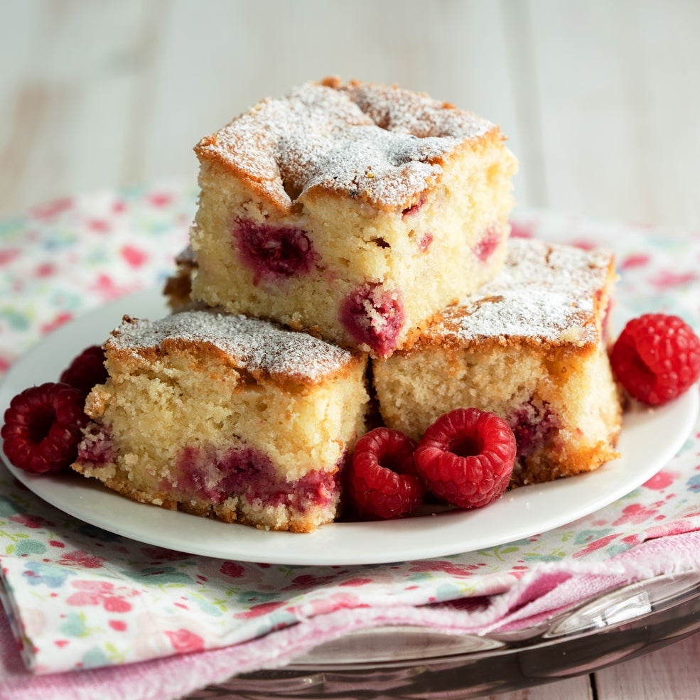 Reduced Sugar Raspberry and White Chocolate Tray Bake
