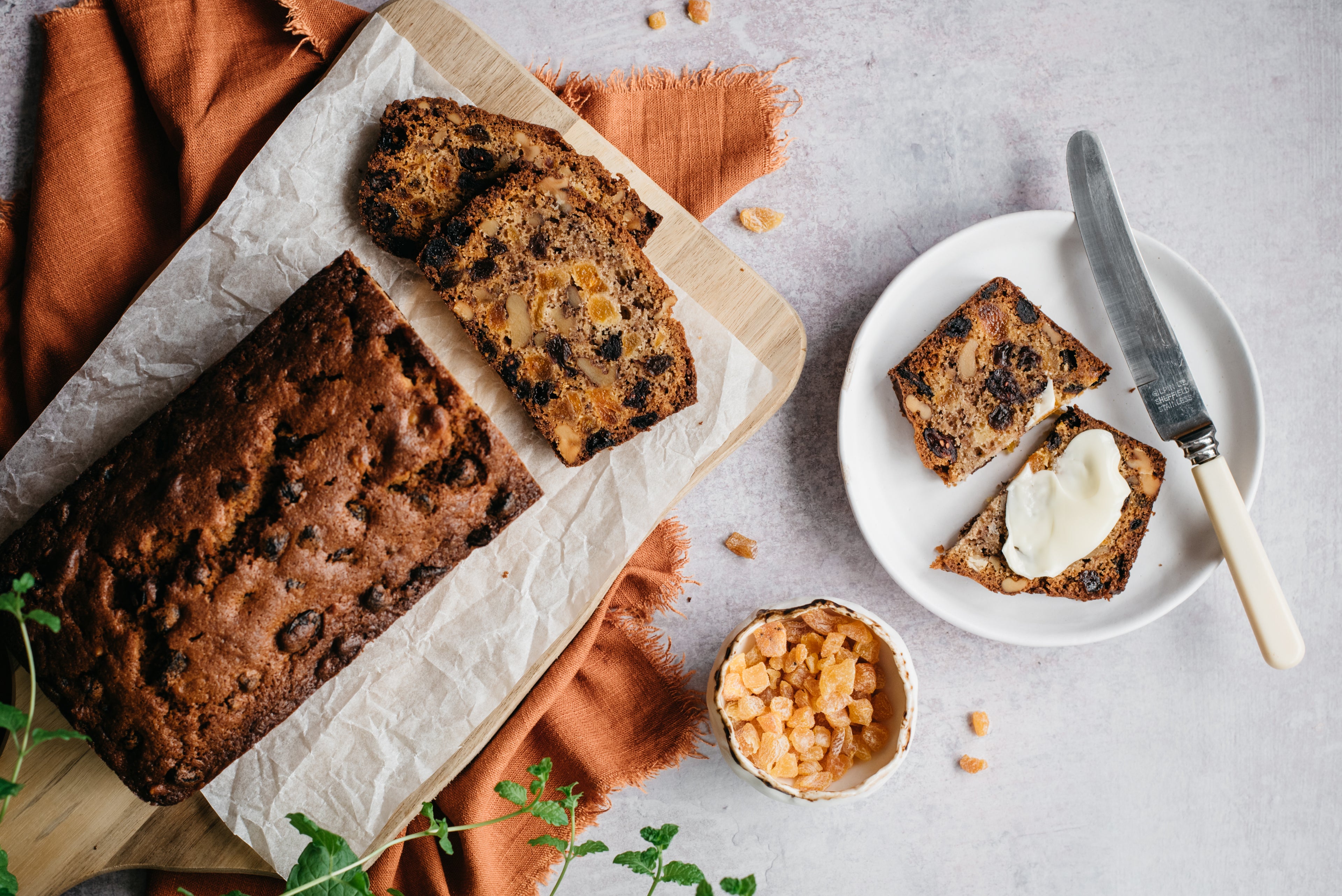 Top down view of a loaf of low sugar fruit cake