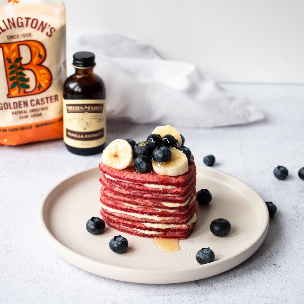 Stack of red velvet pancakes