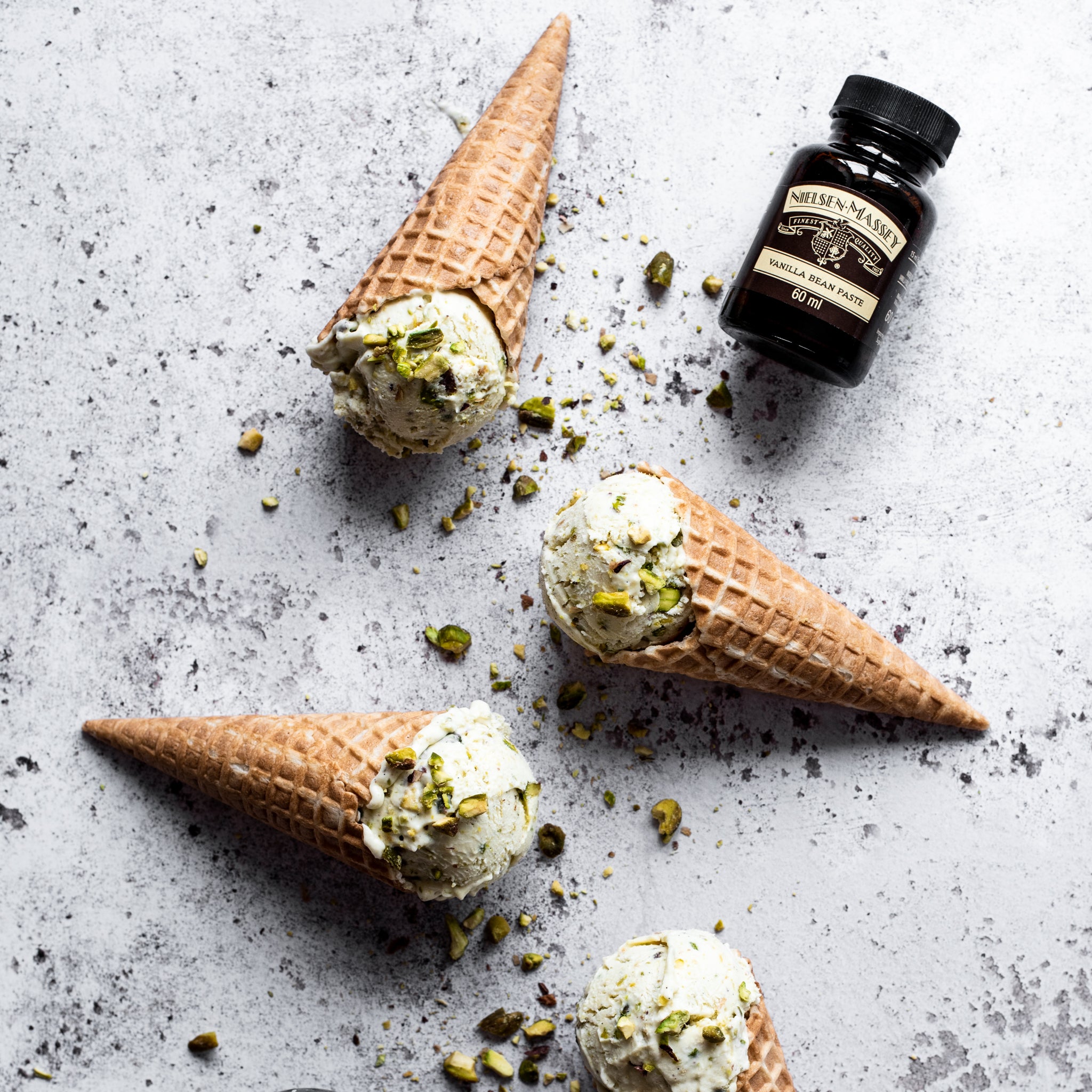 Homemade pistachio ice cream in cones