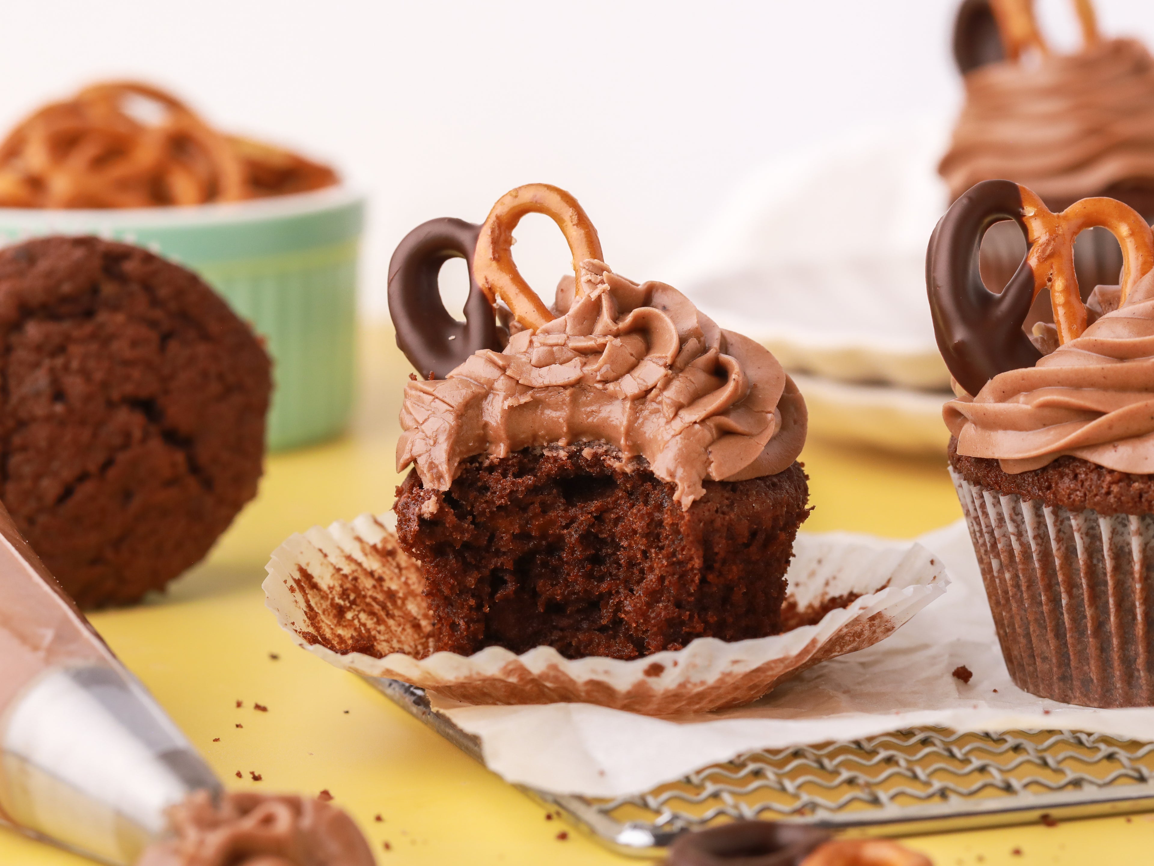 Chocolate cupcake with a bite taken out of it